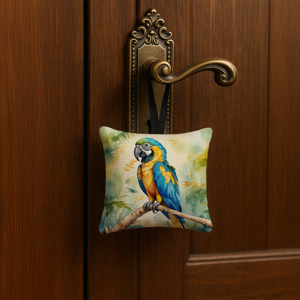 Blue and Gold Macaw Hanging Square Fabric Ornament 3.5 × 3.5 Decorative Door-Knob & Tree Hanger, Soft Fabric