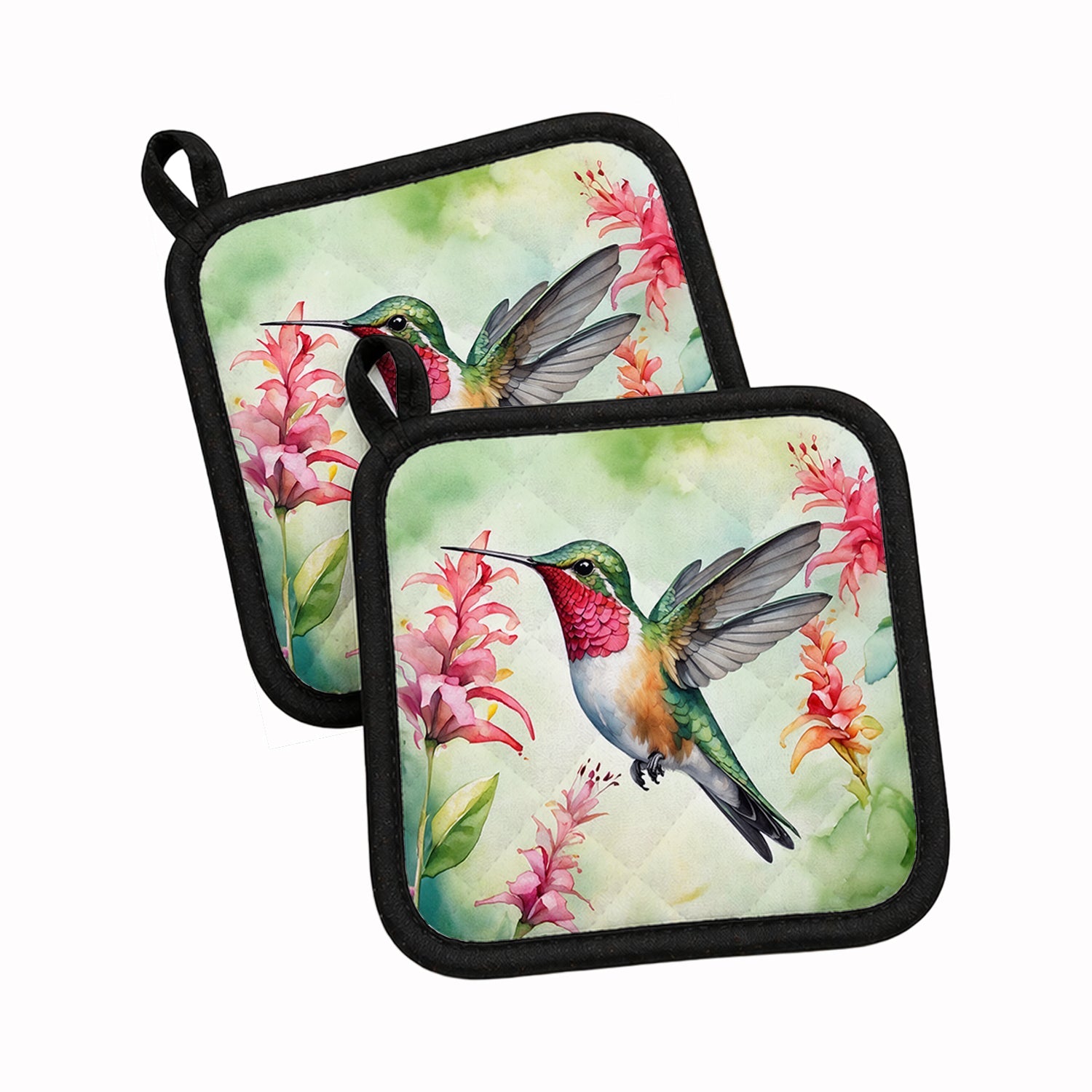 Broadtailed Hummingbird Pot Holder Set of 2 Heat Resistant Quilted Hot Pads 7.5 x 7.5 Inch, Insulated Kitchen Trivets for Cooking & Baking