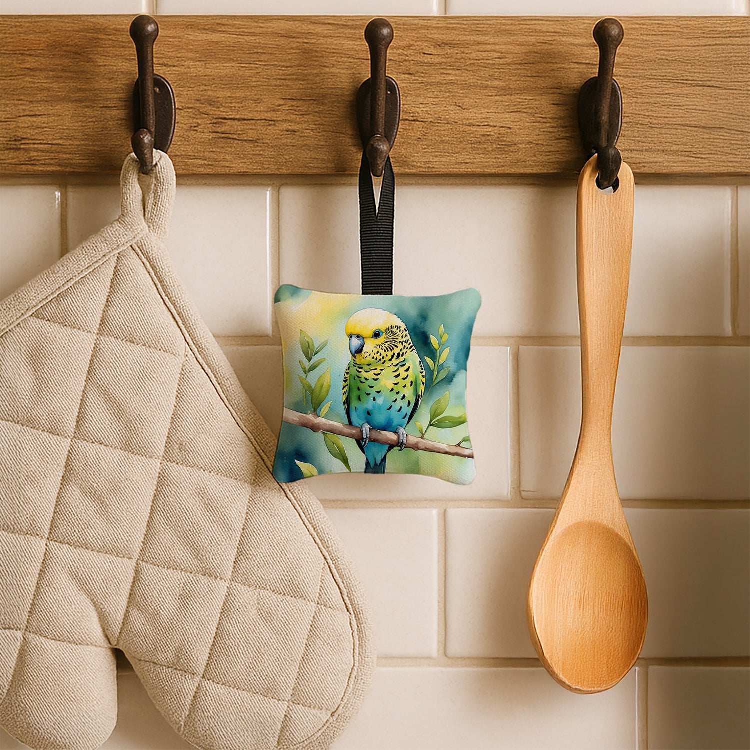 Budgerigar Hanging Square Fabric Ornament 3.5 × 3.5 Decorative Door-Knob & Tree Hanger, Soft Fabric