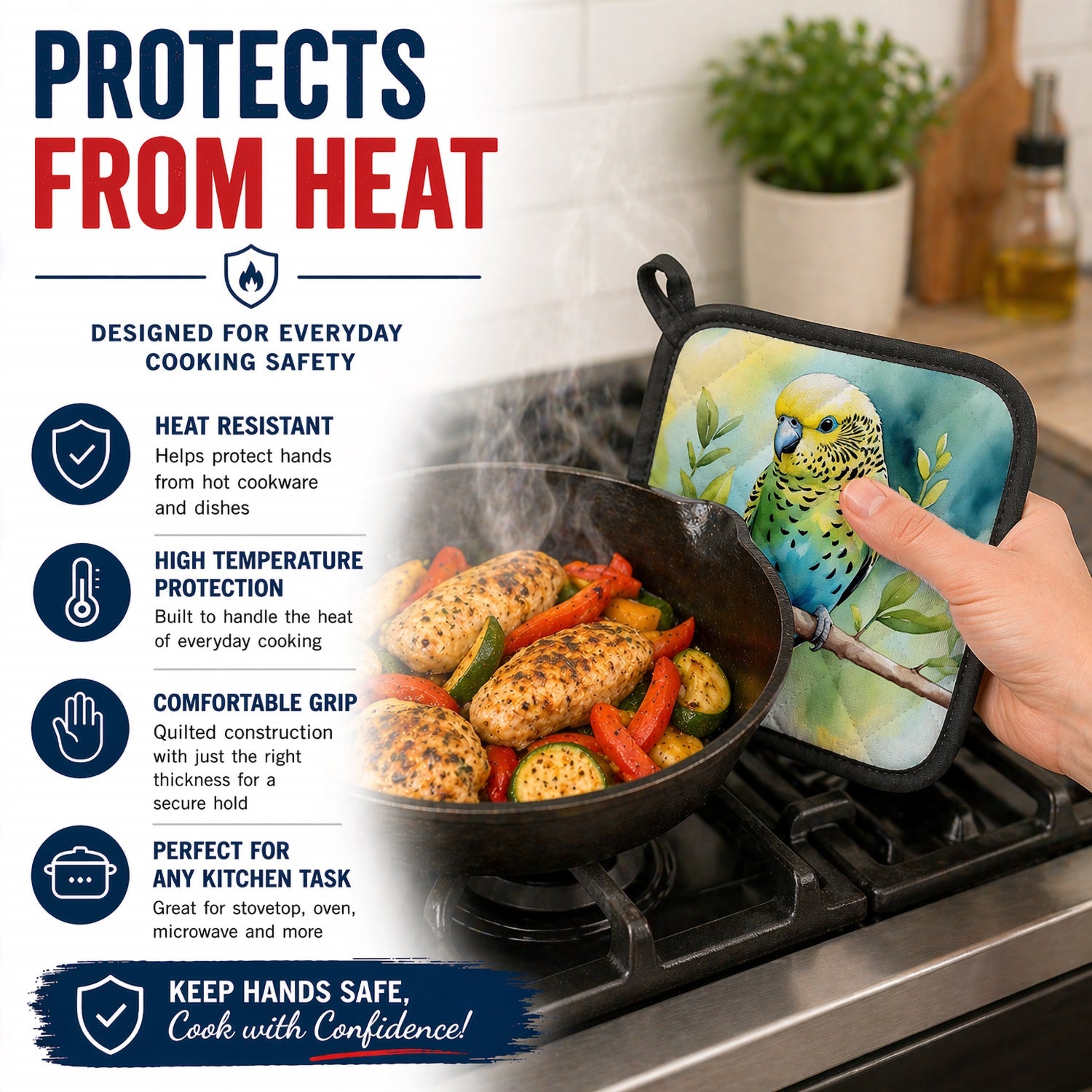 Budgerigar Pot Holder Set of 2 Heat Resistant Quilted Hot Pads 7.5 x 7.5 Inch, Insulated Kitchen Trivets for Cooking & Baking