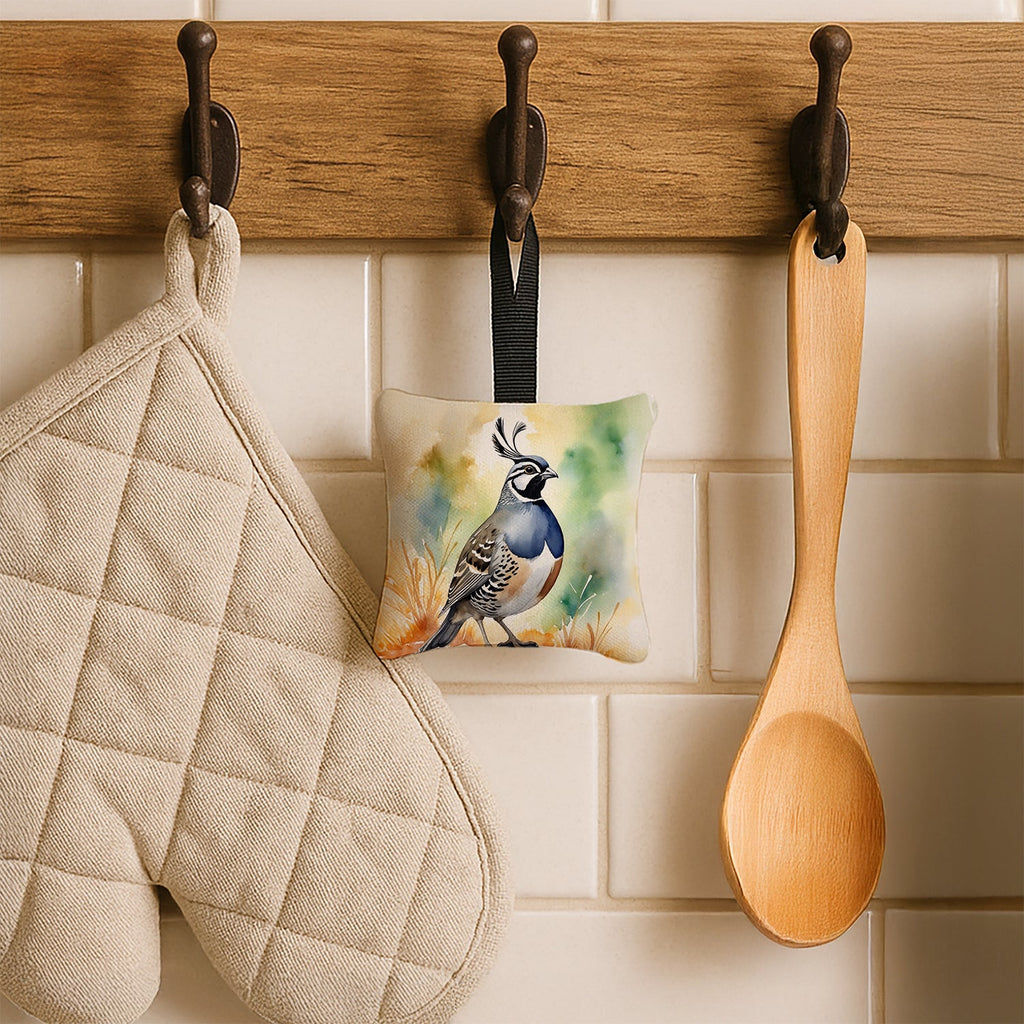 California Quail Hanging Square Fabric Ornament 3.5 × 3.5 Decorative Door-Knob & Tree Hanger, Soft Fabric