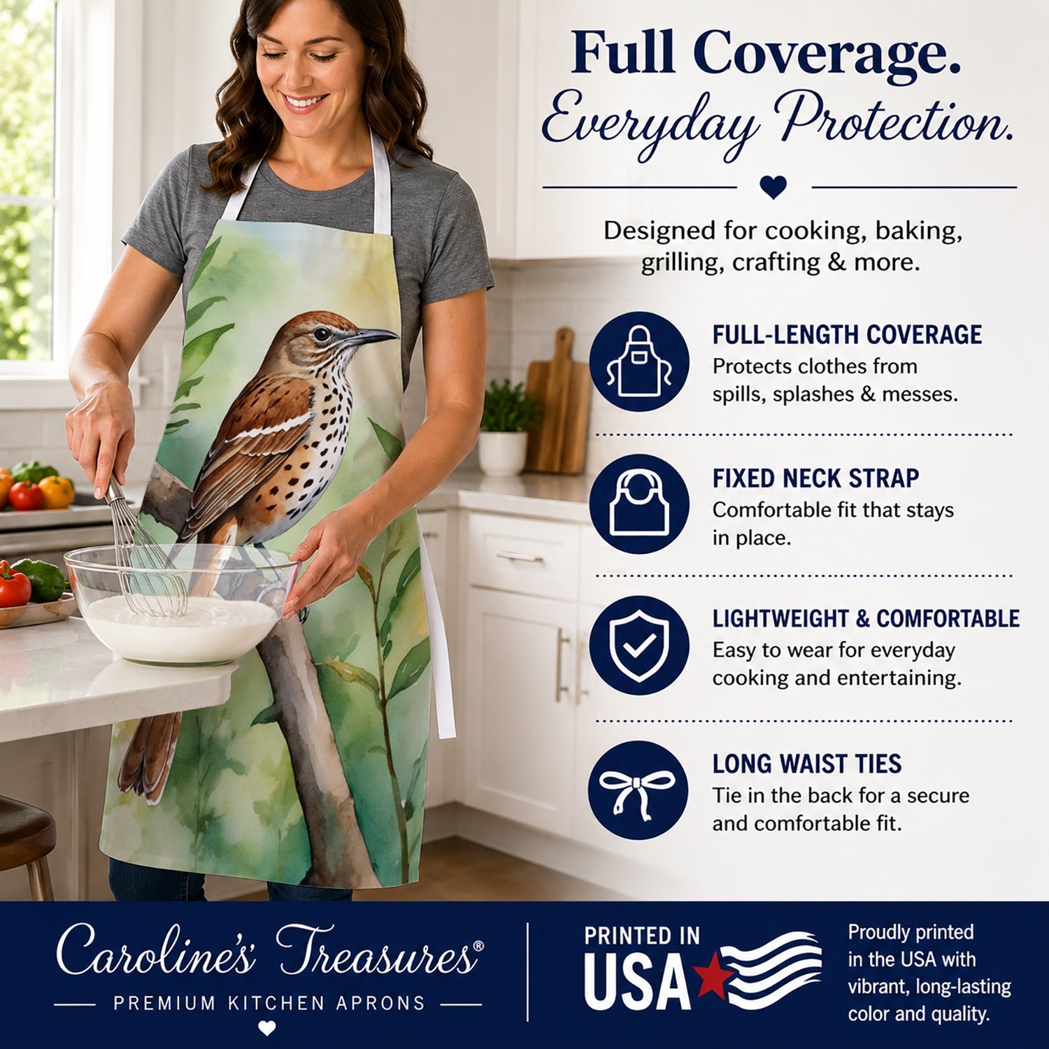 Georgia Brown Thrasher Apron Cooking Kitchen Server Baking Crafts Gardening for Adult Women Men, Unisex, Large, Multicolor