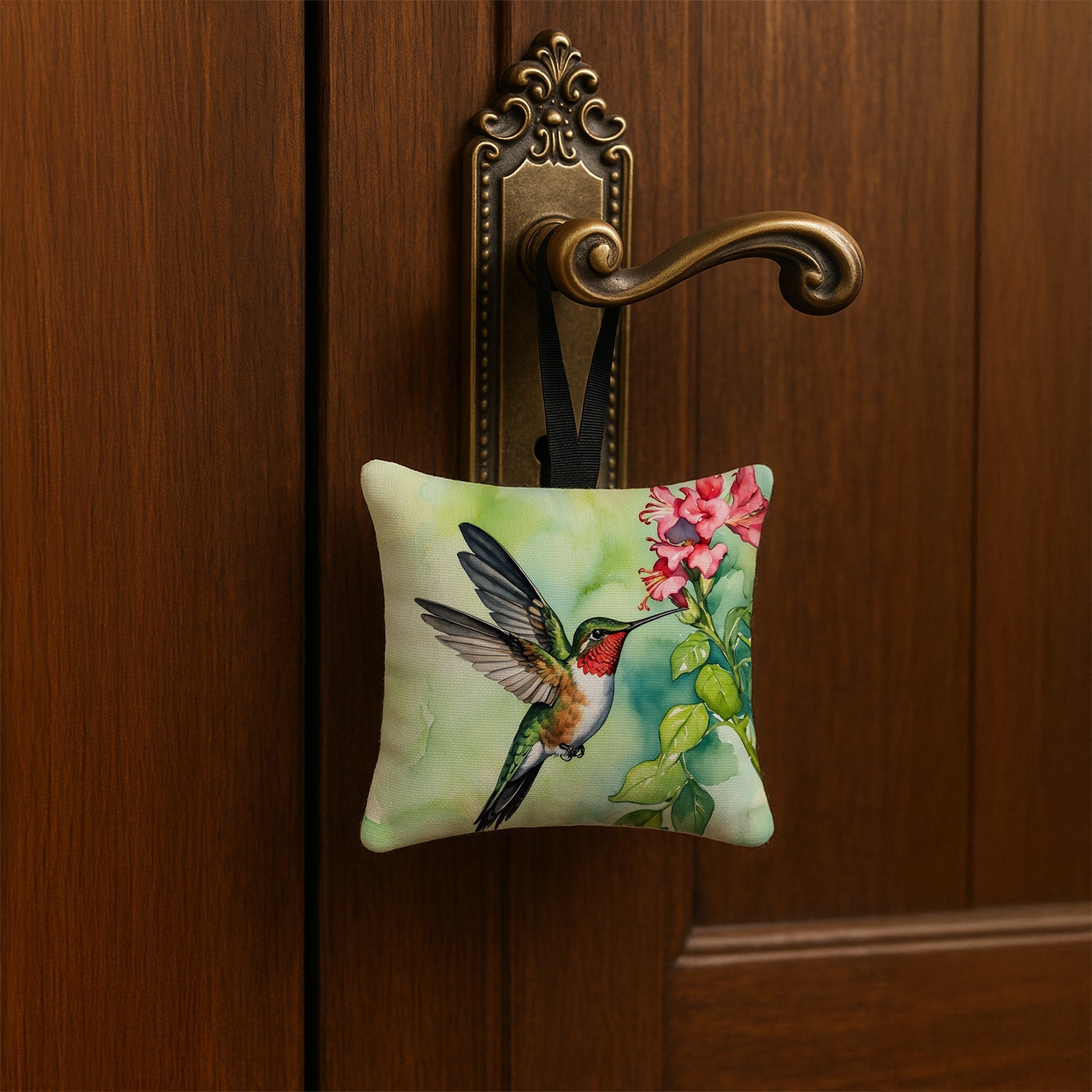 Rubythroated Hummingbird Hanging Square Fabric Ornament 3.5 × 3.5 Decorative Door-Knob & Tree Hanger, Soft Fabric