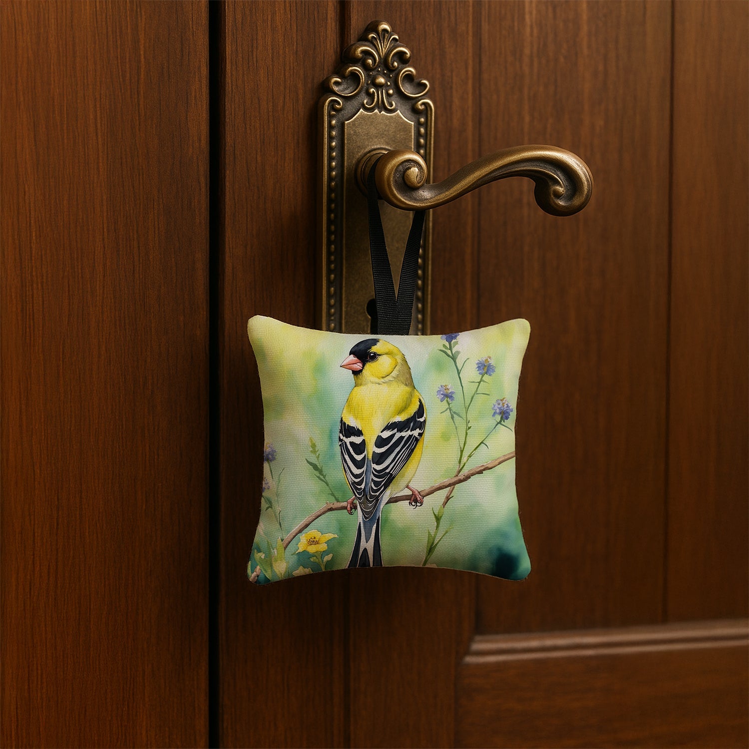 American Goldfinch Hanging Square Fabric Ornament 3.5 × 3.5 Decorative Door-Knob & Tree Hanger, Soft Fabric