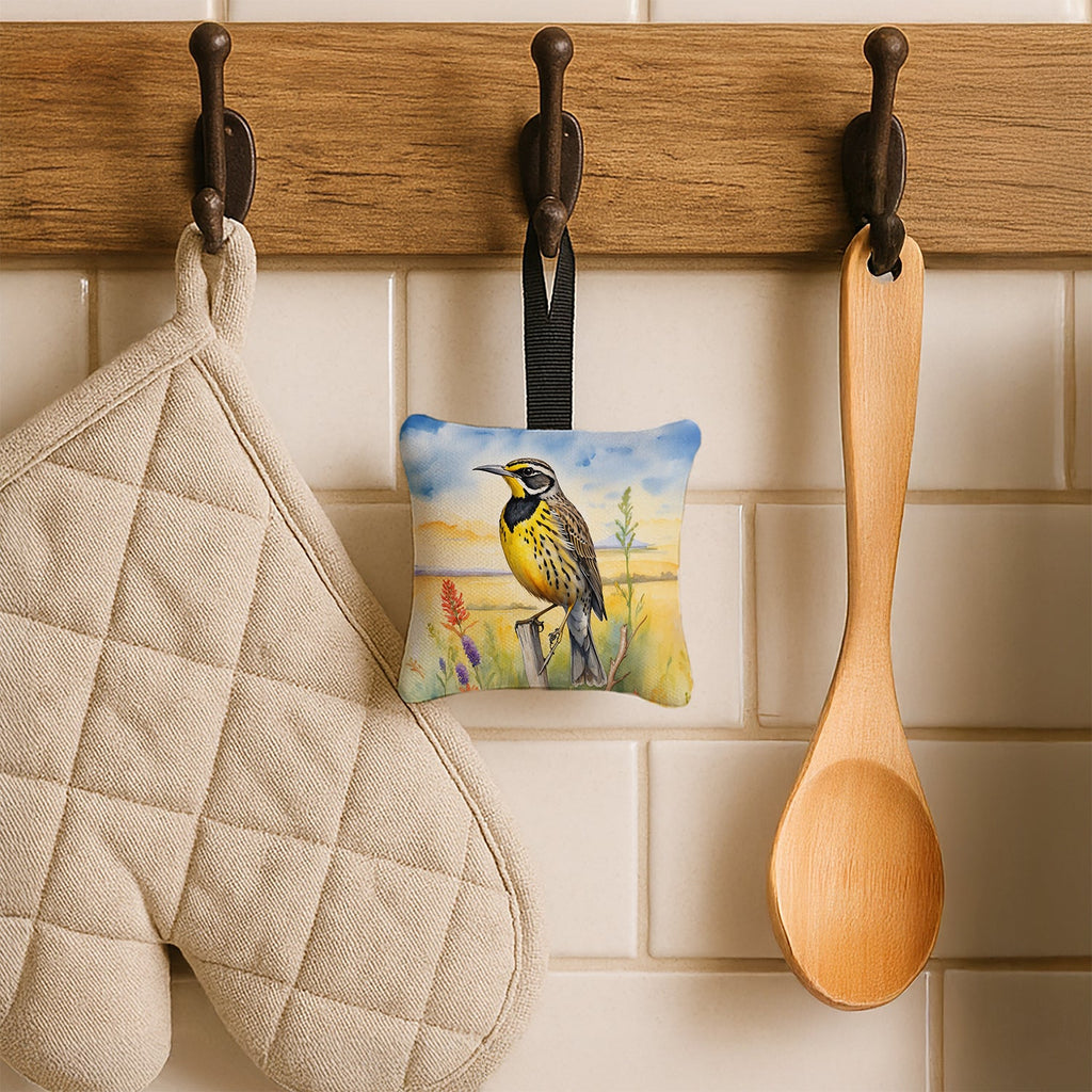 Kansas Western Meadowlark Hanging Square Fabric Ornament 3.5 × 3.5 Decorative Door-Knob & Tree Hanger, Soft Fabric