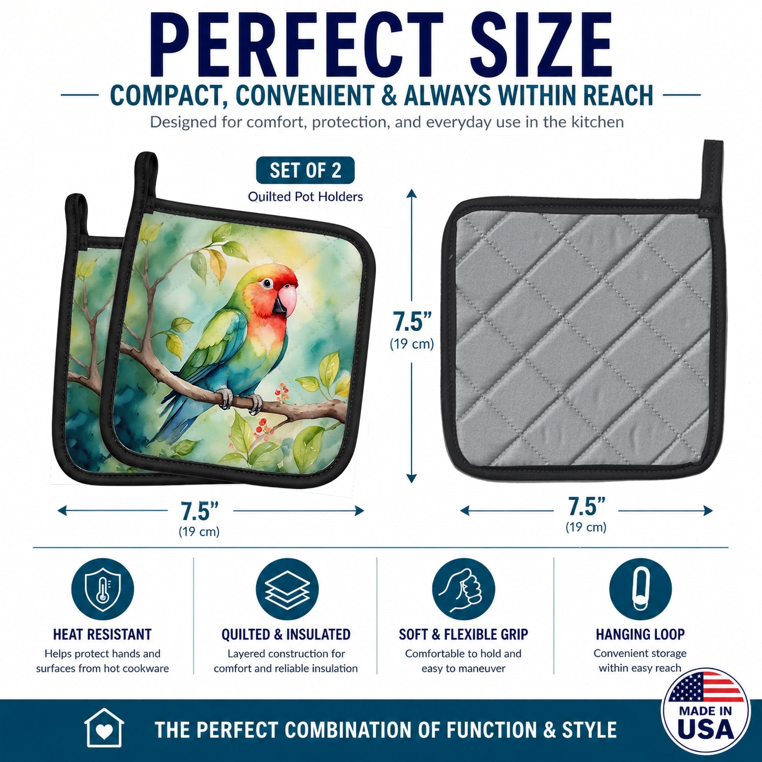 Lovebird Pot Holder Set of 2 Heat Resistant Quilted Hot Pads 7.5 x 7.5 Inch, Insulated Kitchen Trivets for Cooking & Baking