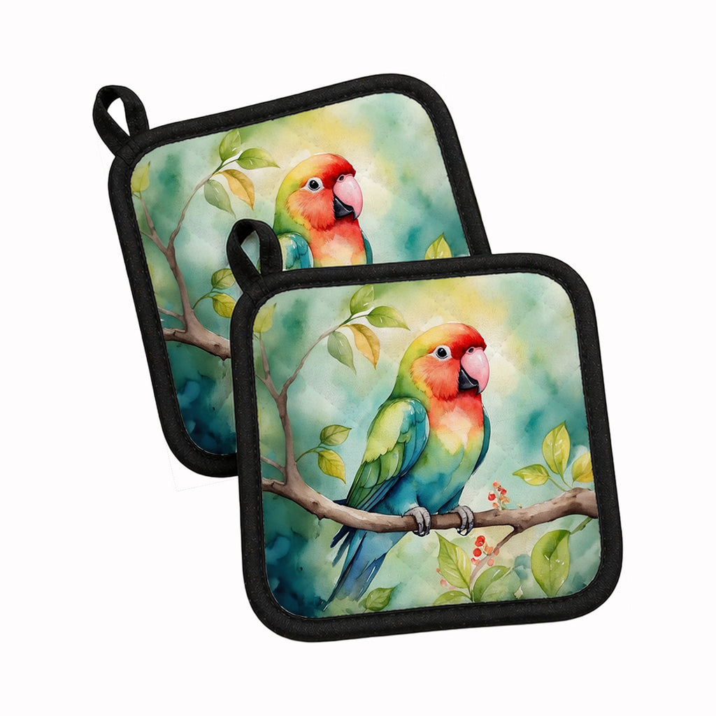 Lovebird Pot Holder Set of 2 Heat Resistant Quilted Hot Pads 7.5 x 7.5 Inch, Insulated Kitchen Trivets for Cooking & Baking