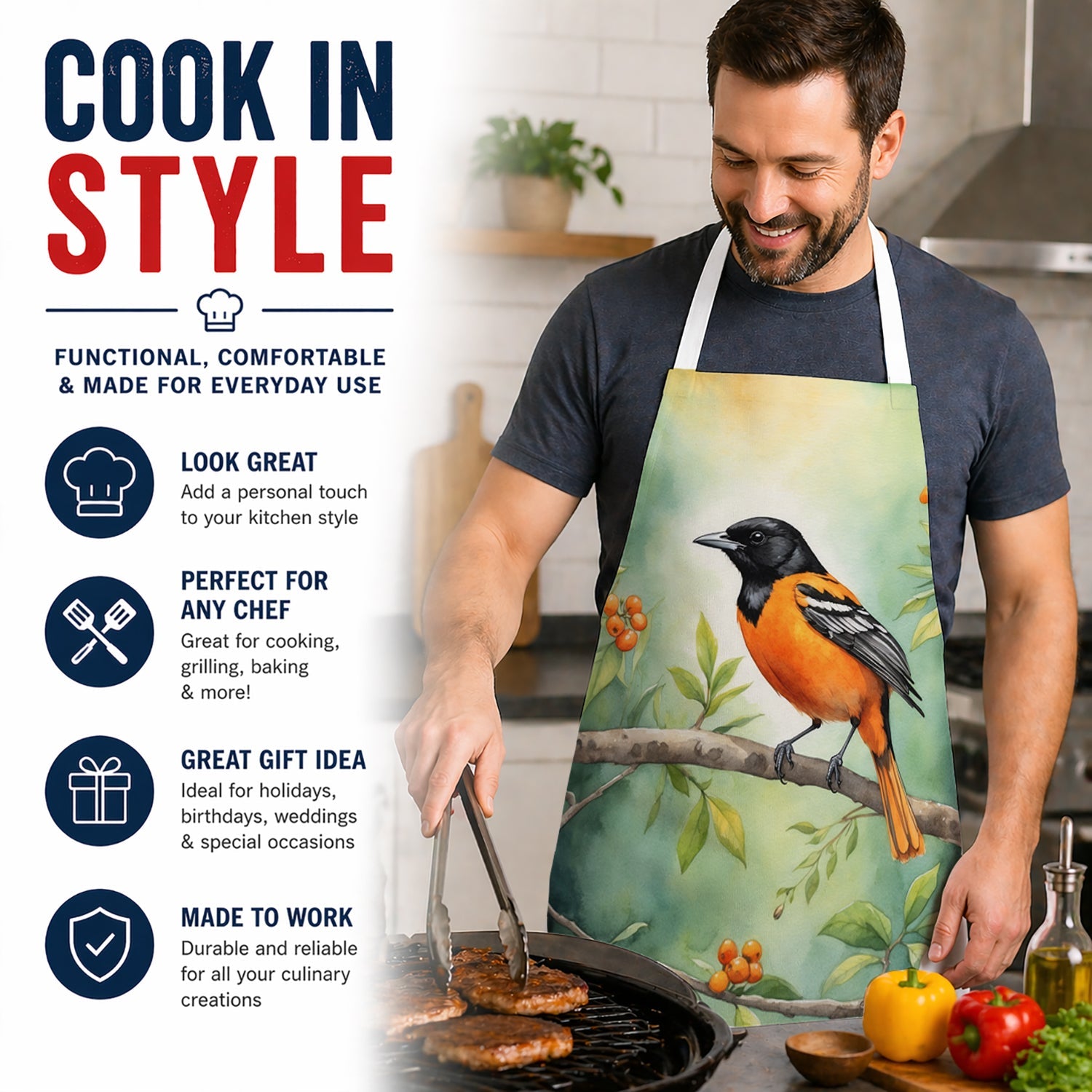 Maryland Baltimore Oriole Apron Cooking Kitchen Server Baking Crafts Gardening for Adult Women Men, Unisex, Large, Multicolor