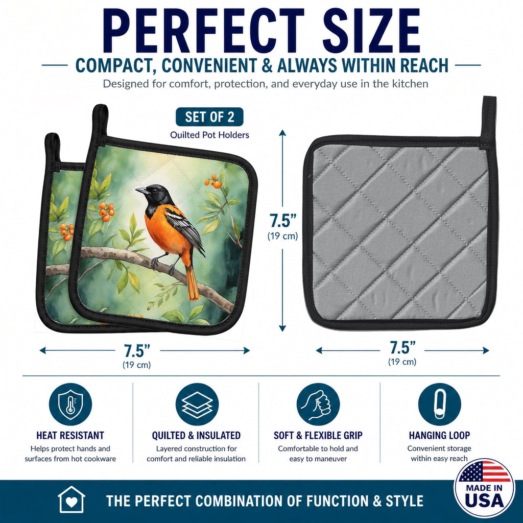 Maryland Baltimore Oriole Pot Holder Set of 2 Heat Resistant Quilted Hot Pads 7.5 x 7.5 Inch, Insulated Kitchen Trivets for Cooking & Baking