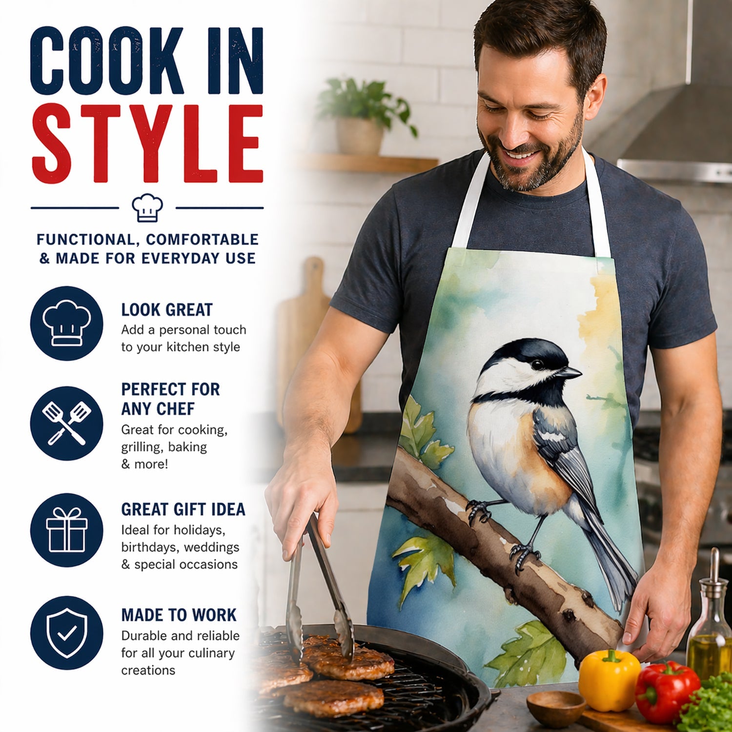 Massachusetts Blackcapped Chickadee Apron Cooking Kitchen Server Baking Crafts Gardening for Adult Women Men, Unisex, Large, Multicolor