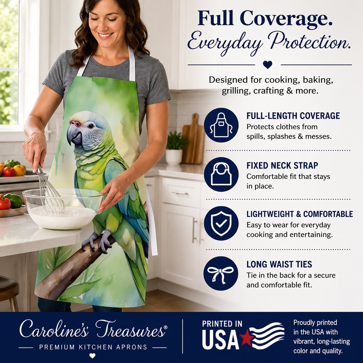 Monk Parakeet Apron Cooking Kitchen Server Baking Crafts Gardening for Adult Women Men, Unisex, Large, Multicolor