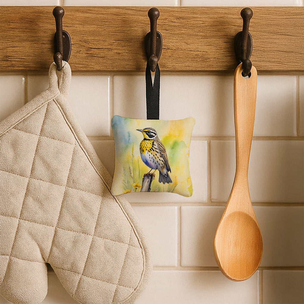 Montana Western Meadowlark Hanging Square Fabric Ornament 3.5 × 3.5 Decorative Door-Knob & Tree Hanger, Soft Fabric