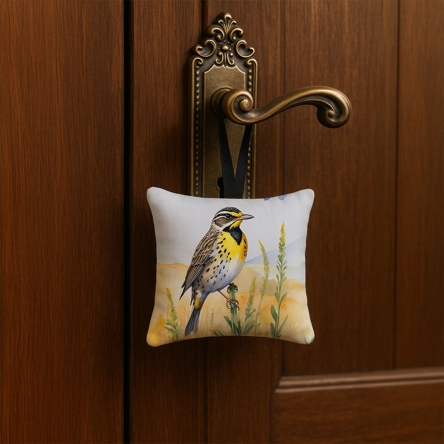 Nebraska Western Meadowlark Hanging Square Fabric Ornament 3.5 × 3.5 Decorative Door-Knob & Tree Hanger, Soft Fabric