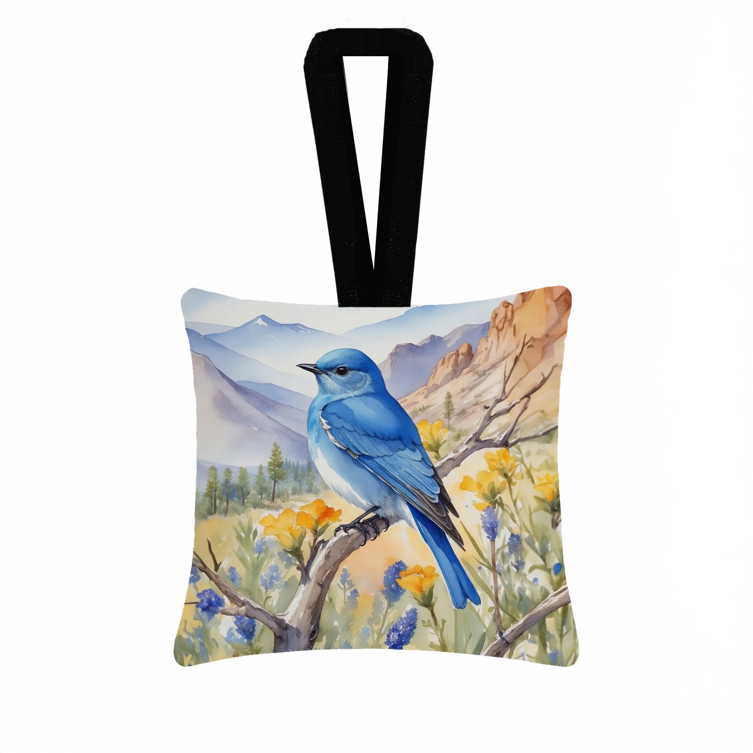 Nevada Mountain Bluebird Hanging Square Fabric Ornament 3.5 × 3.5 Decorative Door-Knob & Tree Hanger, Soft Fabric