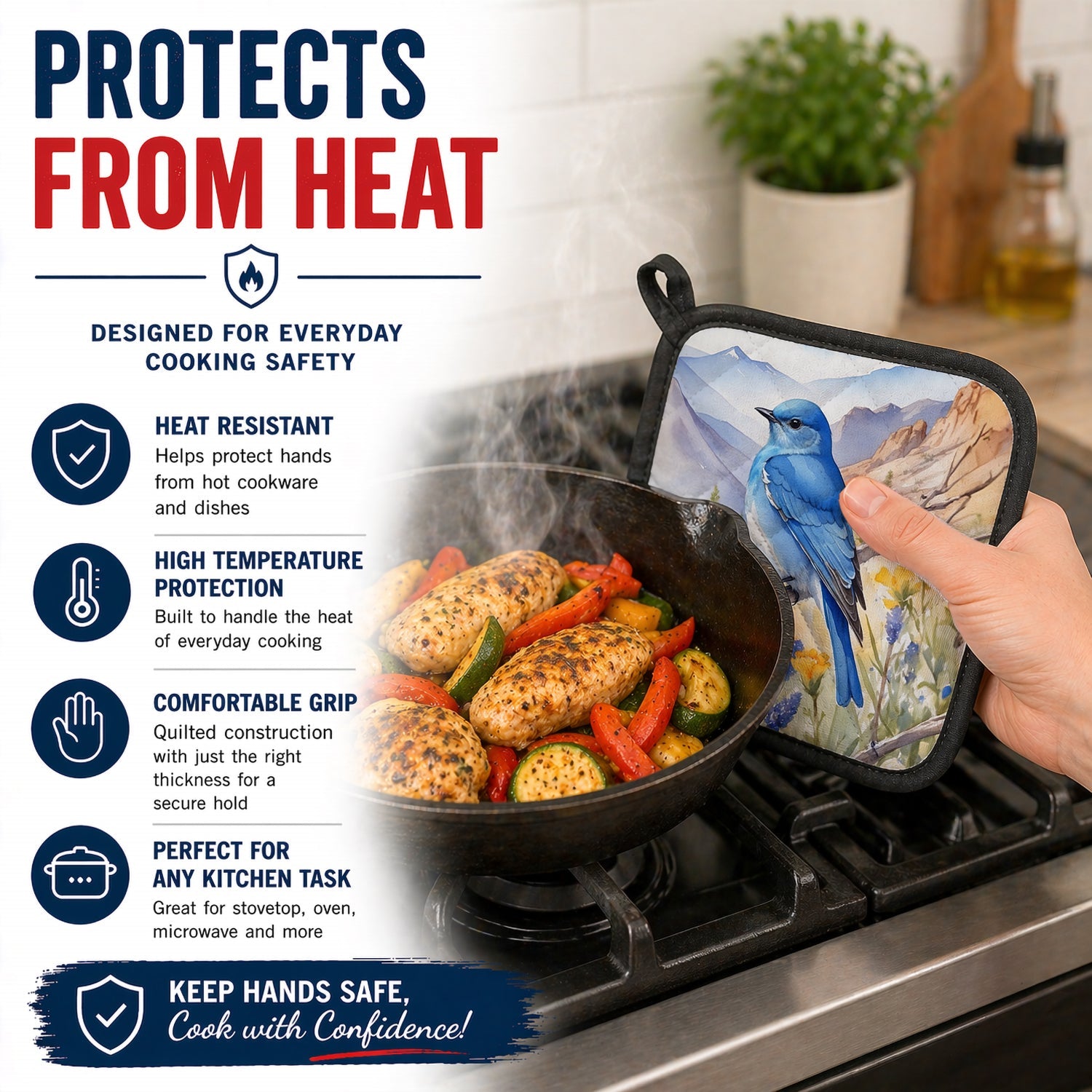 Nevada Mountain Bluebird Pot Holder Set of 2 Heat Resistant Quilted Hot Pads 7.5 x 7.5 Inch, Insulated Kitchen Trivets for Cooking & Baking