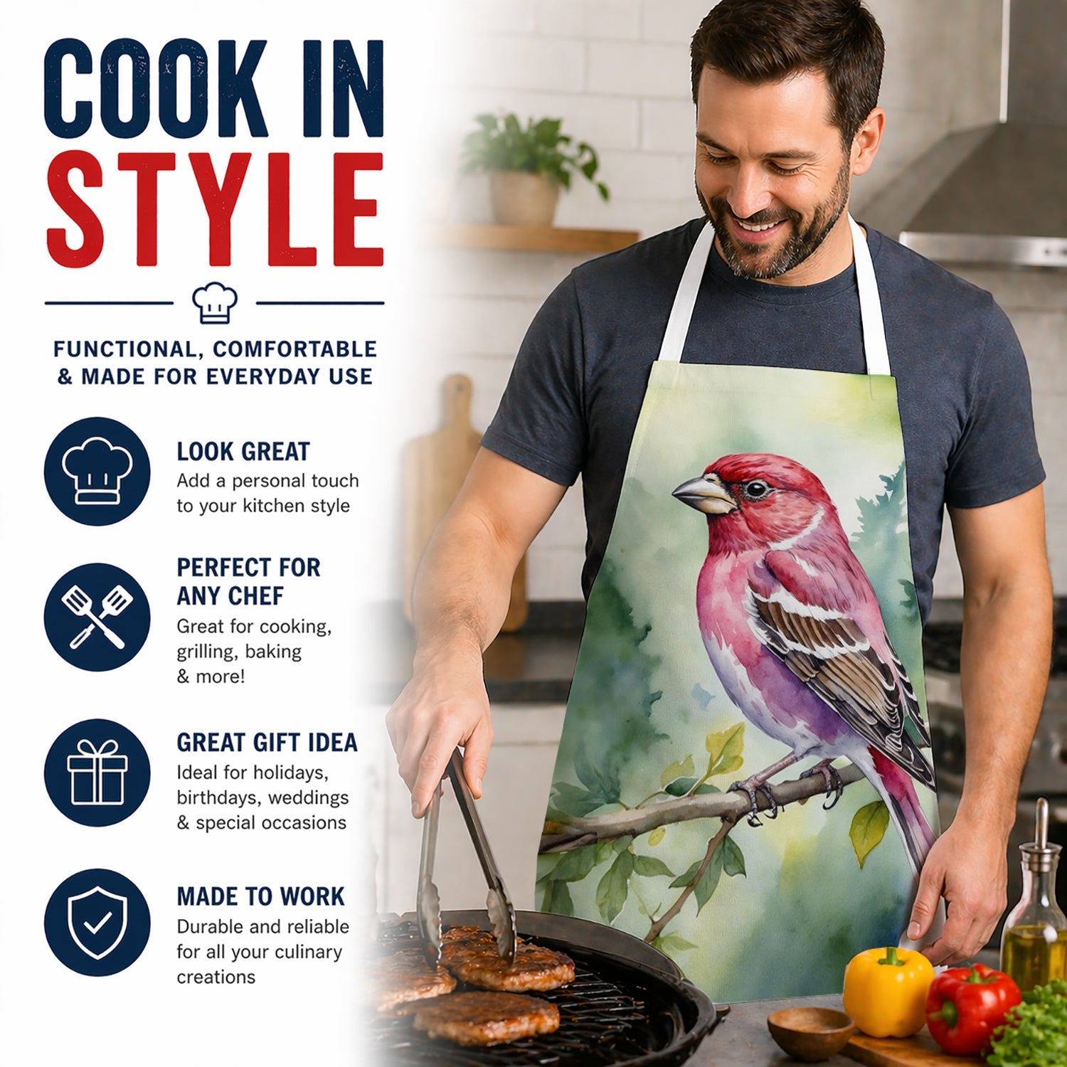 New Hampshire Purple Finch Apron Cooking Kitchen Server Baking Crafts Gardening for Adult Women Men, Unisex, Large, Multicolor