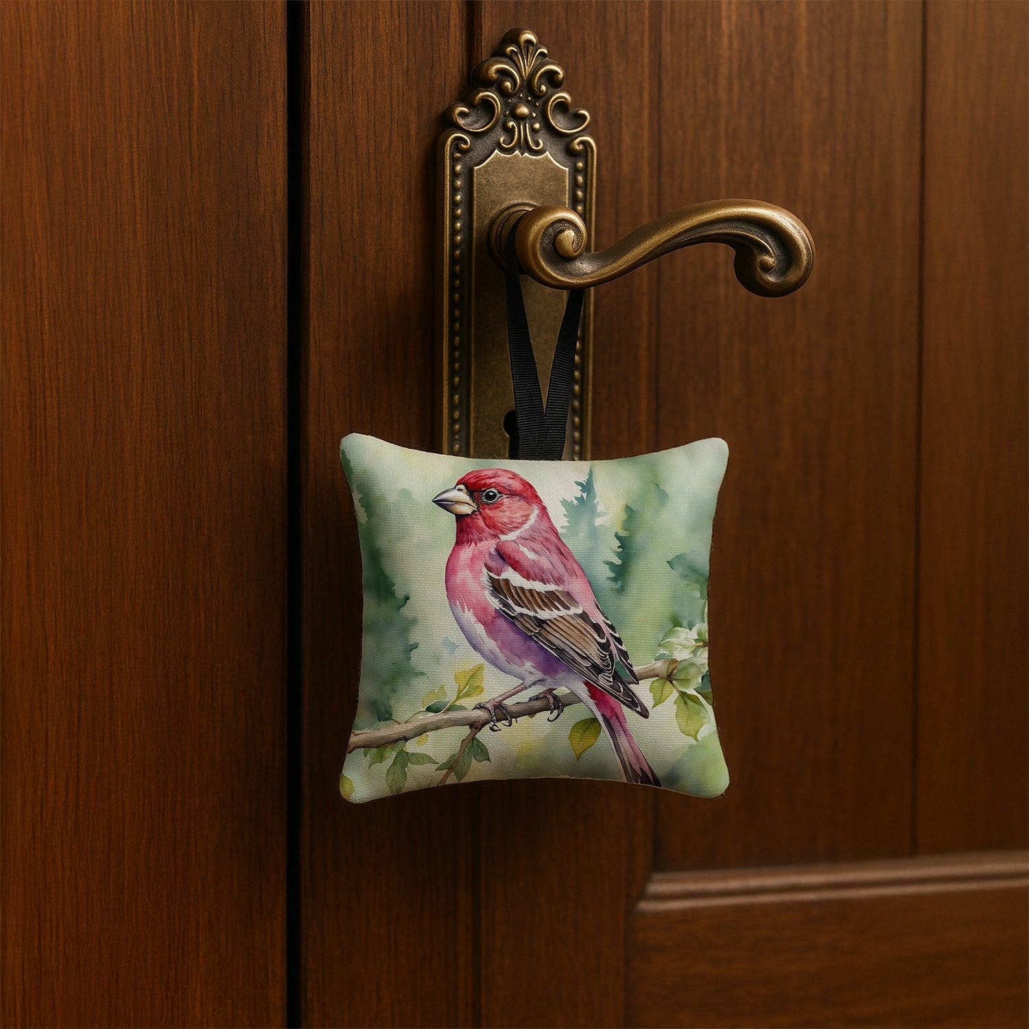 New Hampshire Purple Finch Hanging Square Fabric Ornament 3.5 × 3.5 Decorative Door-Knob & Tree Hanger, Soft Fabric