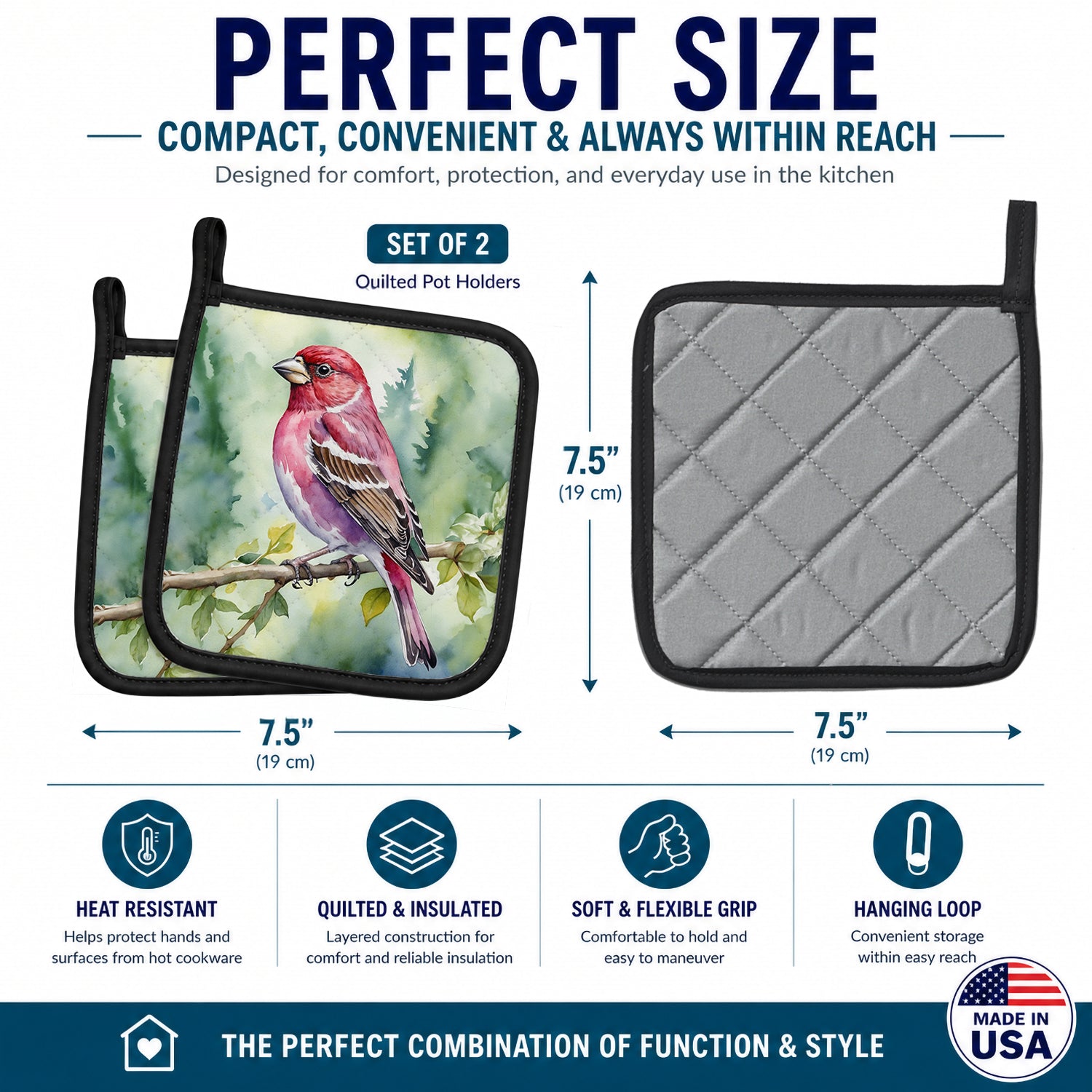 New Hampshire Purple Finch Pot Holder Set of 2 Heat Resistant Quilted Hot Pads 7.5 x 7.5 Inch, Insulated Kitchen Trivets for Cooking & Baking