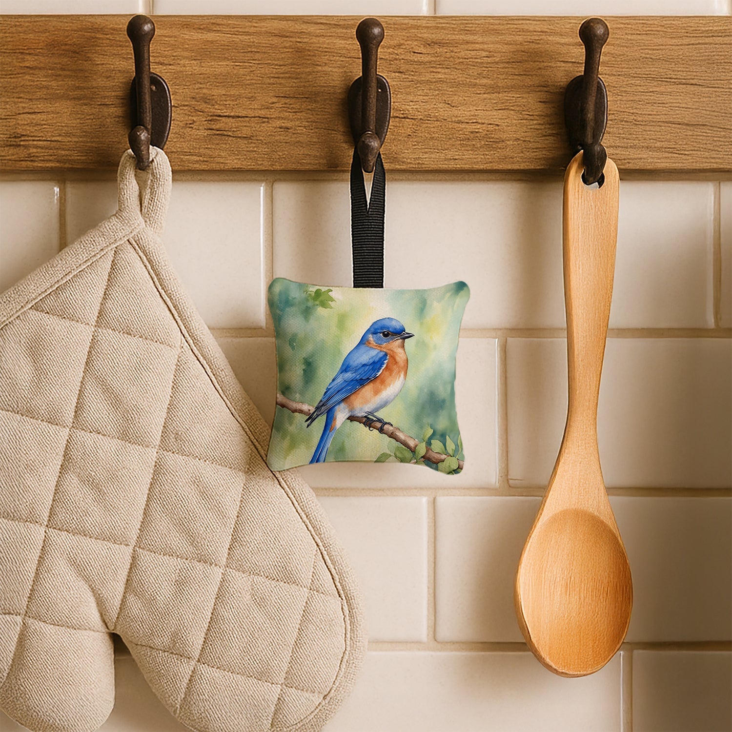 New York Eastern Bluebird Hanging Square Fabric Ornament 3.5 × 3.5 Decorative Door-Knob & Tree Hanger, Soft Fabric