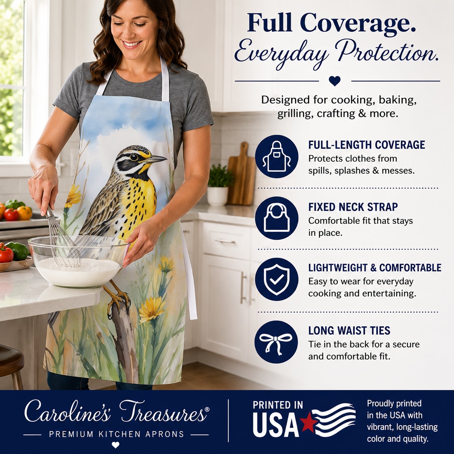 North Dakota Western Meadowlark Apron Cooking Kitchen Server Baking Crafts Gardening for Adult Women Men, Unisex, Large, Multicolor