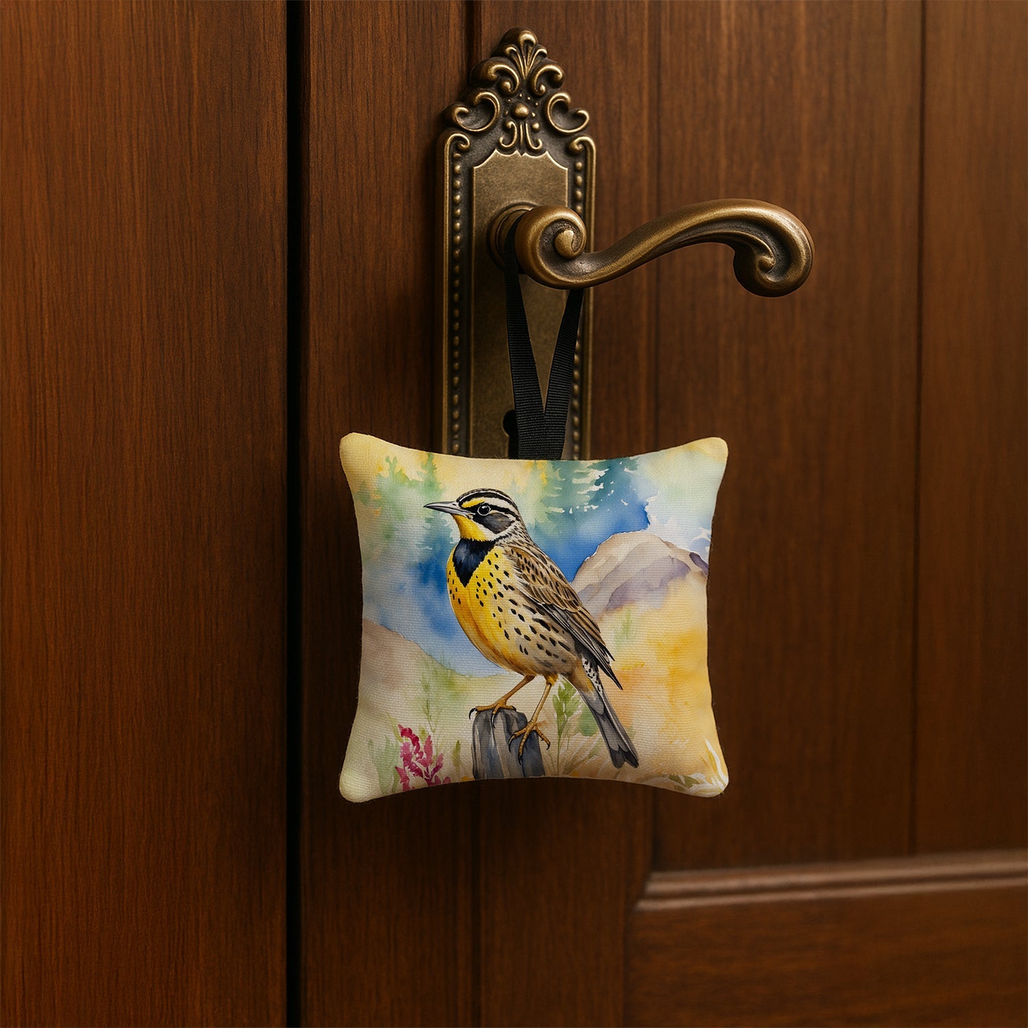 Oregon Western Meadowlark Hanging Square Fabric Ornament 3.5 × 3.5 Decorative Door-Knob & Tree Hanger, Soft Fabric