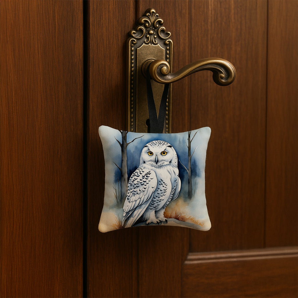 Snowy Owl Hanging Square Fabric Ornament 3.5 × 3.5 Decorative Door-Knob & Tree Hanger, Soft Fabric