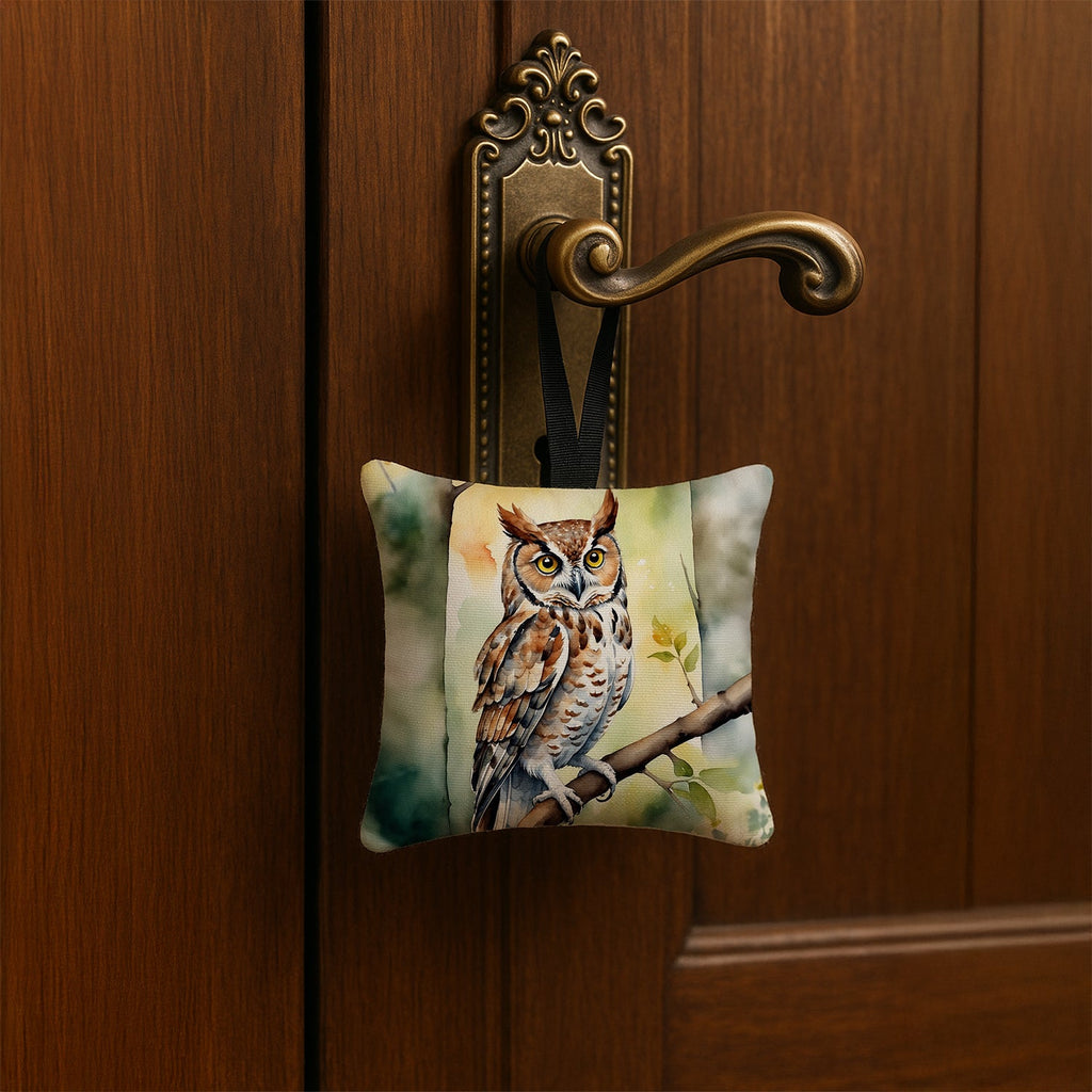 Eastern Screech Owl Hanging Square Fabric Ornament 3.5 × 3.5 Decorative Door-Knob & Tree Hanger, Soft Fabric