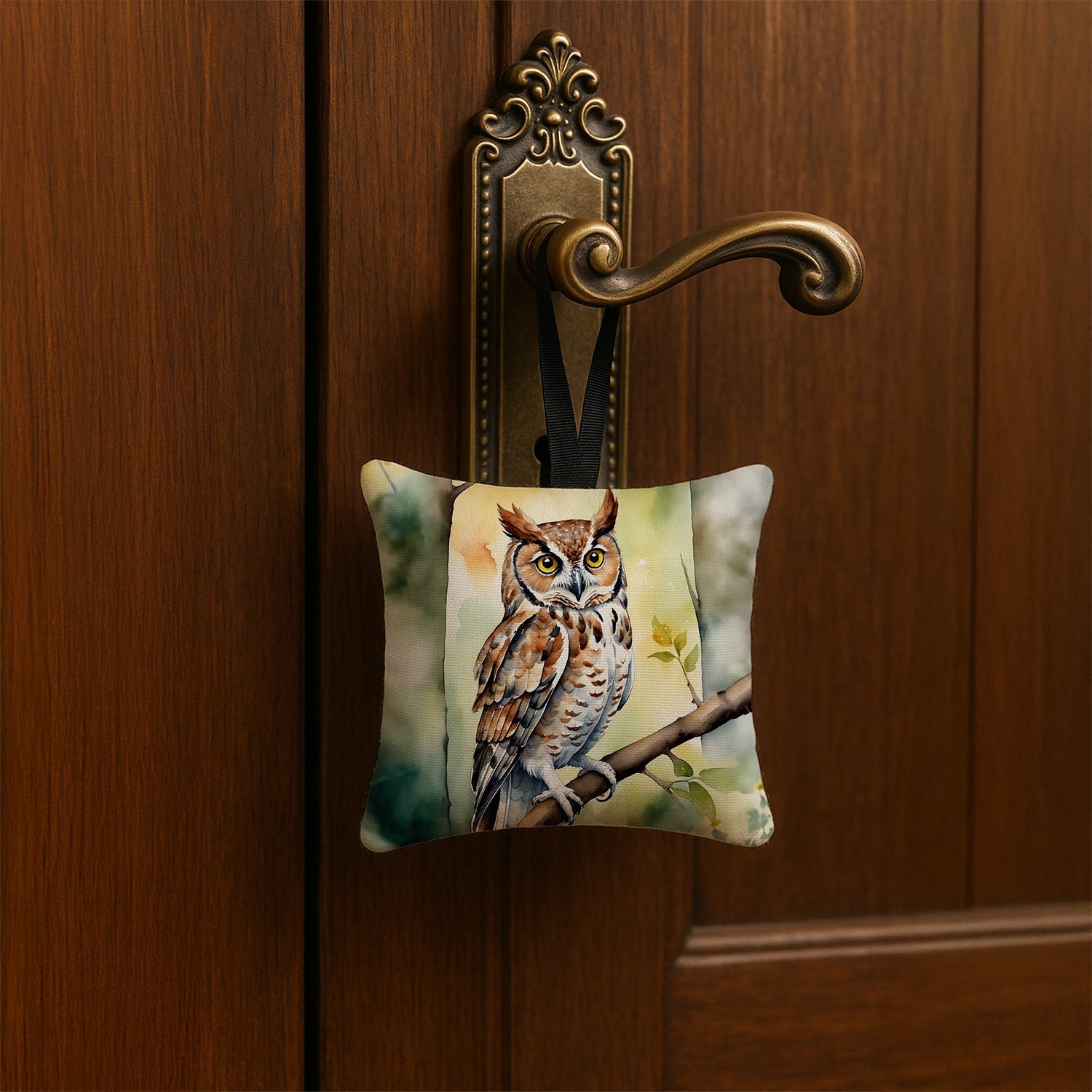 Eastern Screech Owl Hanging Square Fabric Ornament 3.5 × 3.5 Decorative Door-Knob & Tree Hanger, Soft Fabric