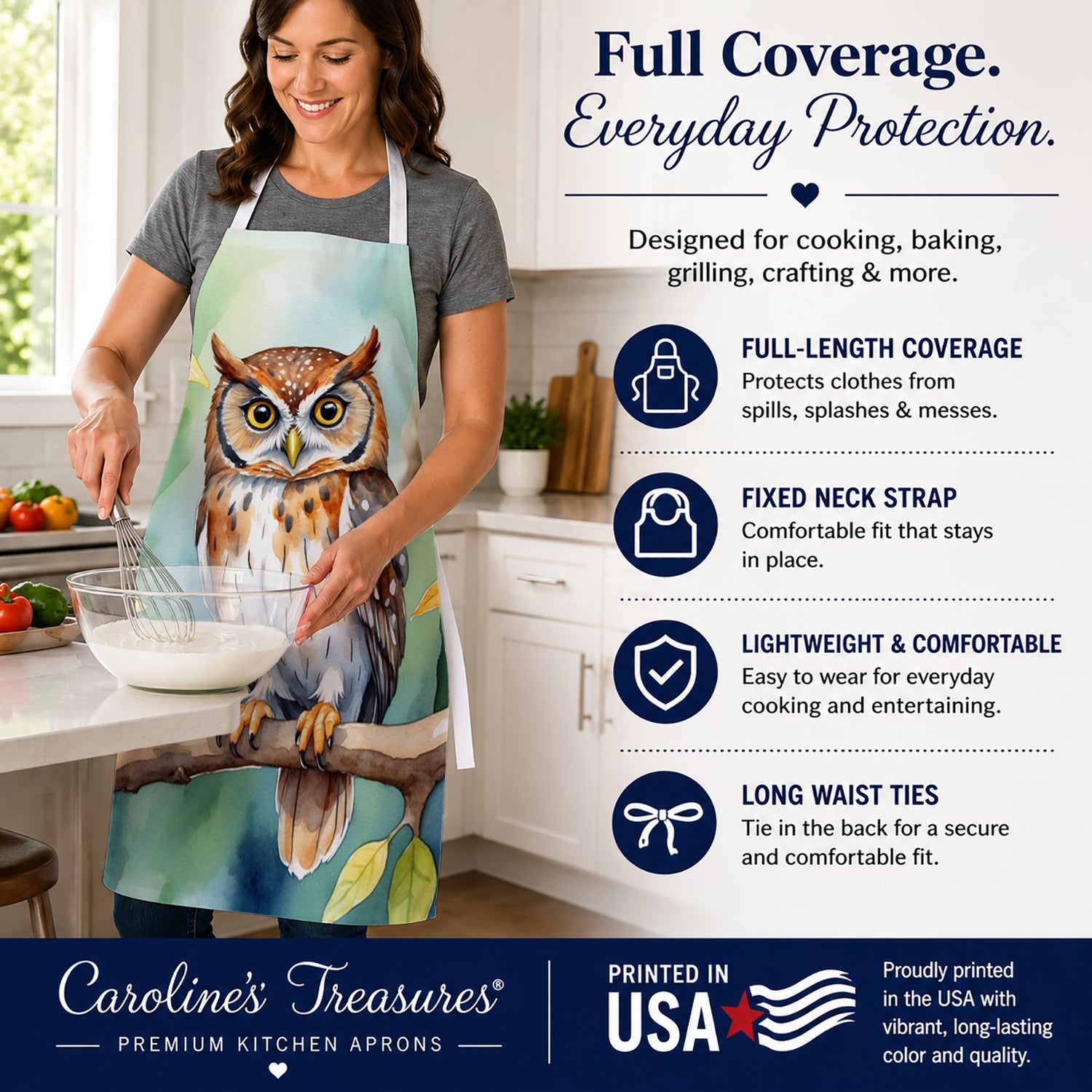 Elf Owl Apron Cooking Kitchen Server Baking Crafts Gardening for Adult Women Men, Unisex, Large, Multicolor