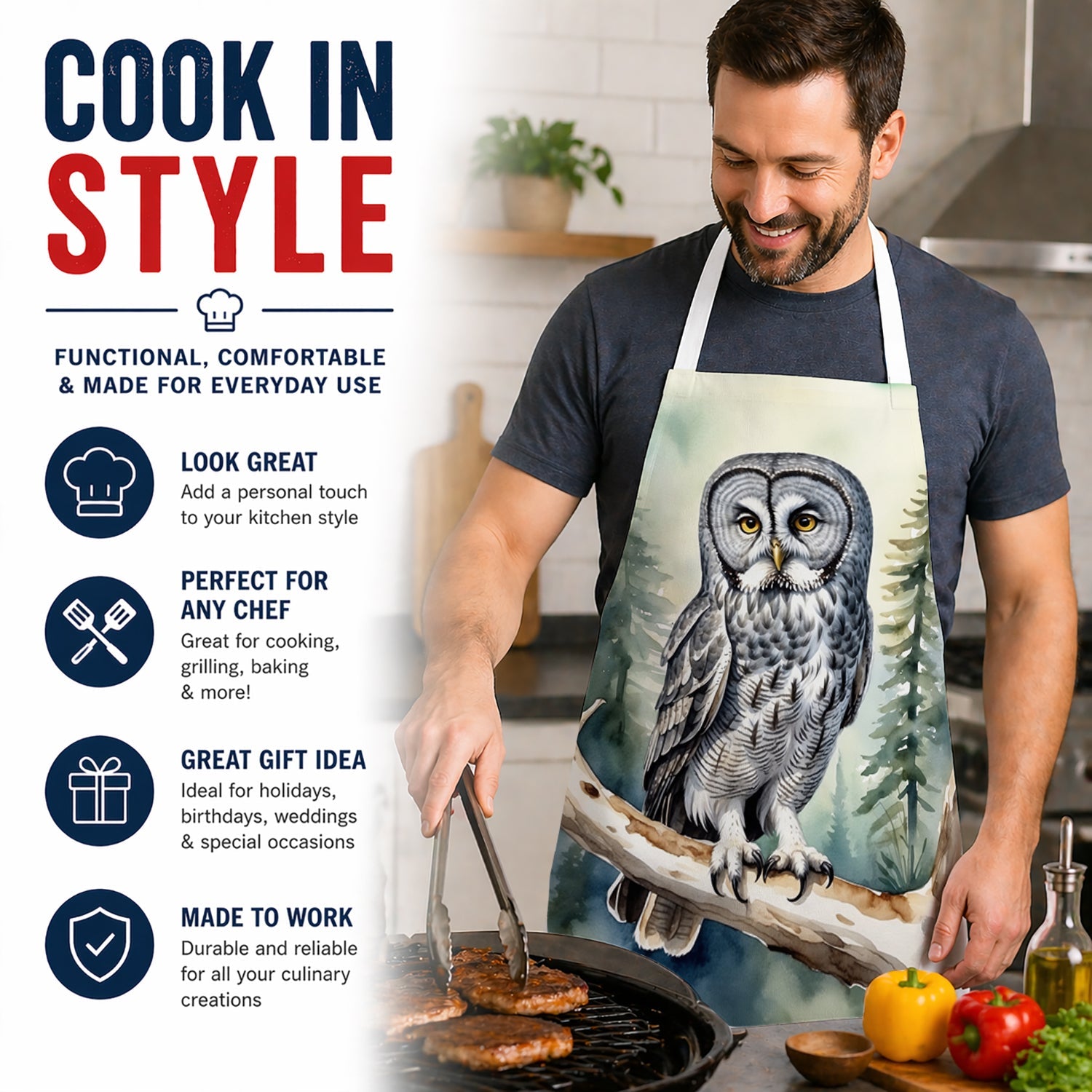 Great Gray Owl Apron Cooking Kitchen Server Baking Crafts Gardening for Adult Women Men, Unisex, Large, Multicolor