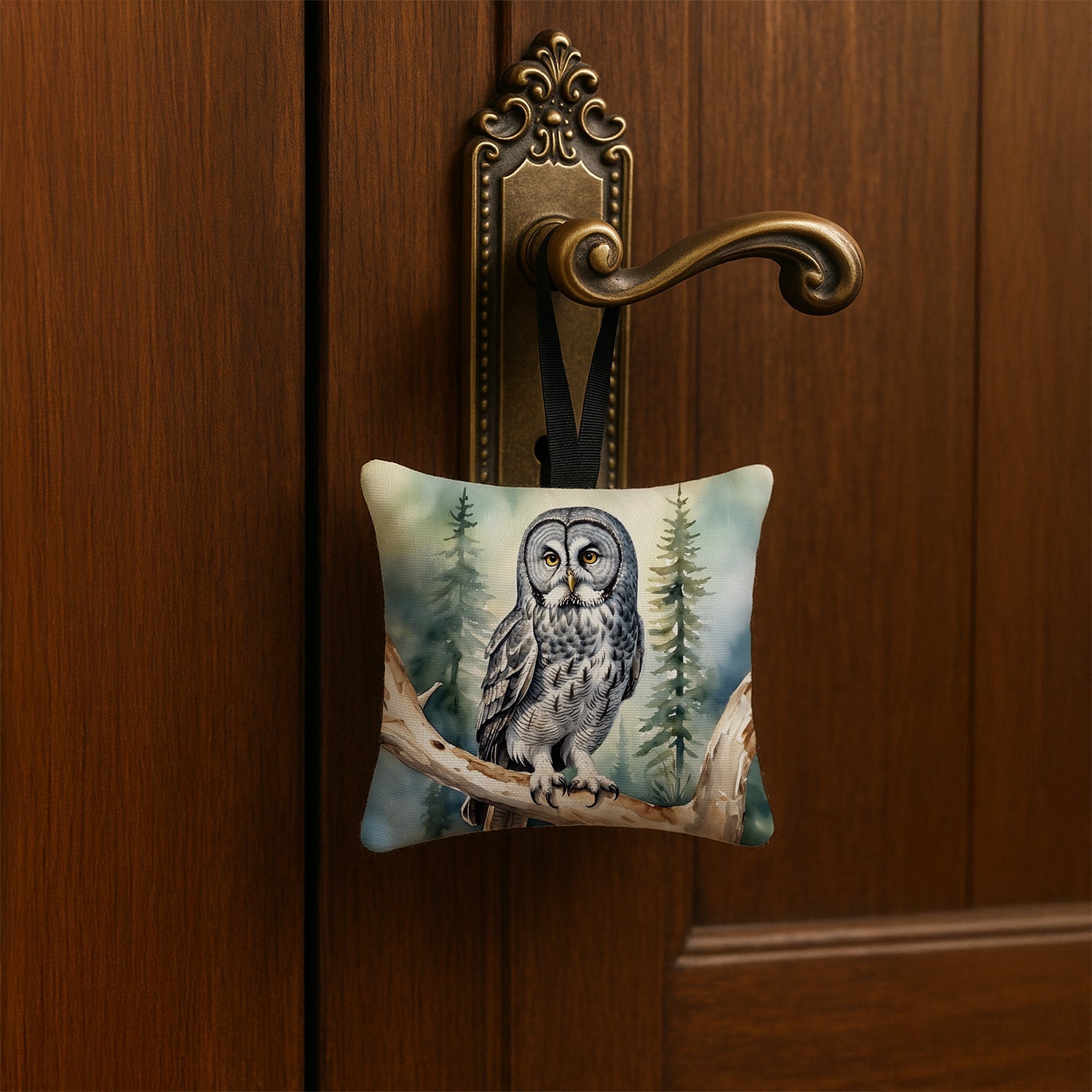 Great Gray Owl Hanging Square Fabric Ornament 3.5 × 3.5 Decorative Door-Knob & Tree Hanger, Soft Fabric