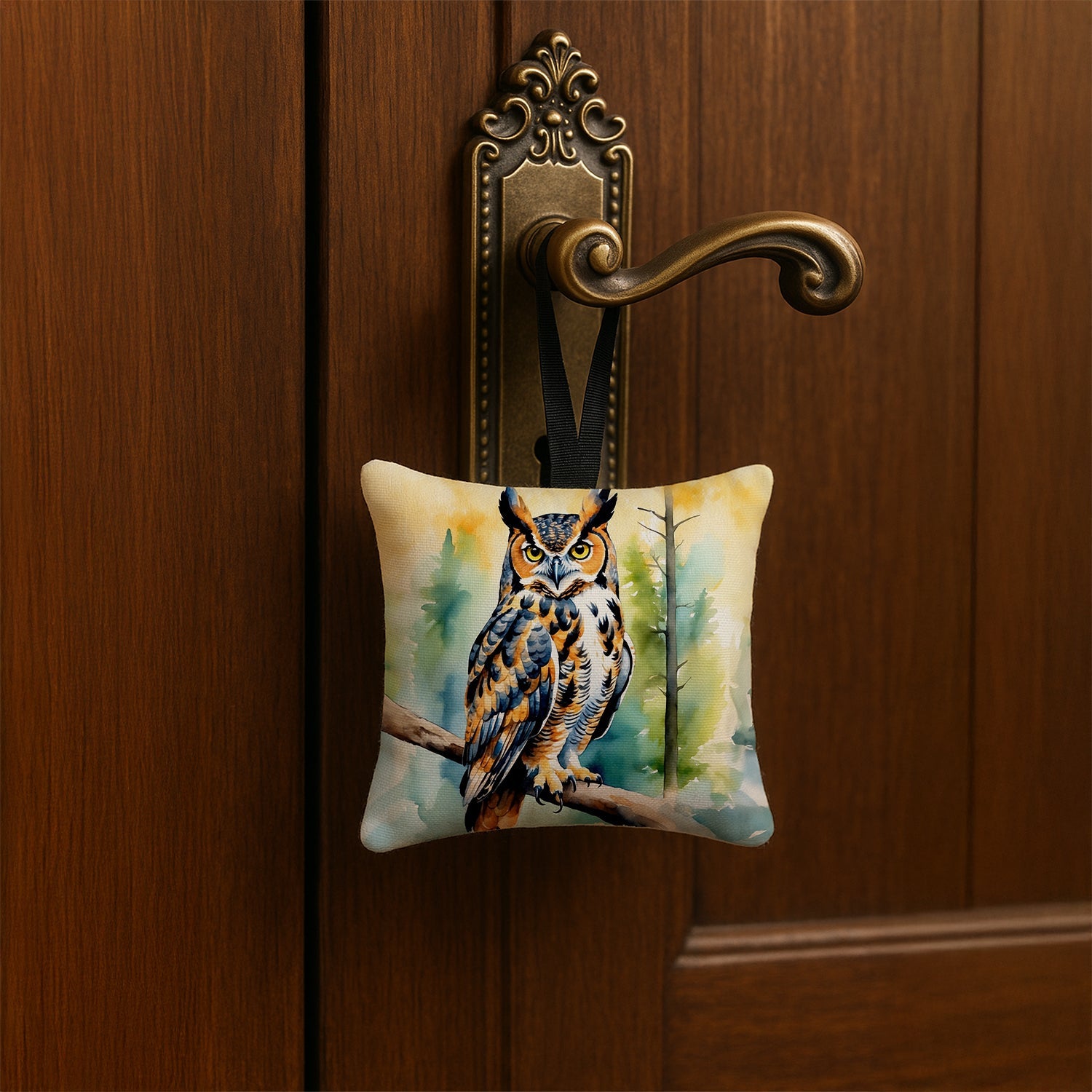 Great Horned Owl Hanging Square Fabric Ornament 3.5 × 3.5 Decorative Door-Knob & Tree Hanger, Soft Fabric