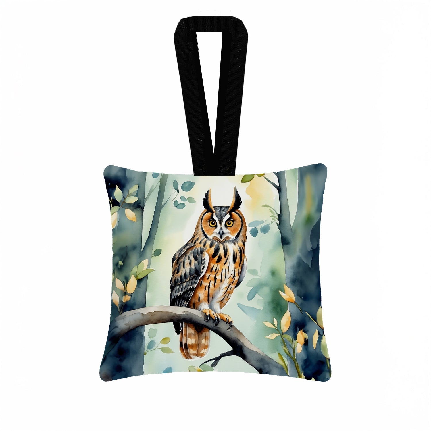 LongEared Owl Hanging Square Fabric Ornament 3.5 × 3.5 Decorative Door-Knob & Tree Hanger, Soft Fabric