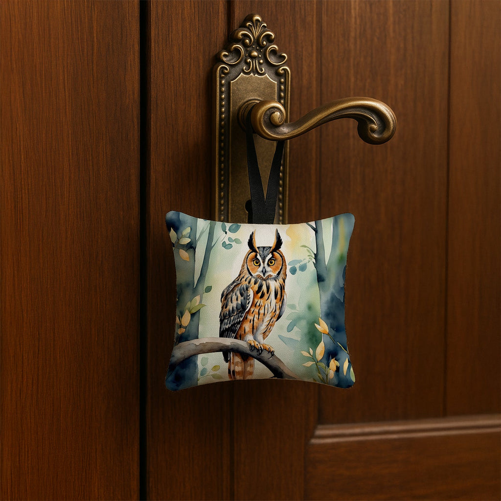 LongEared Owl Hanging Square Fabric Ornament 3.5 × 3.5 Decorative Door-Knob & Tree Hanger, Soft Fabric