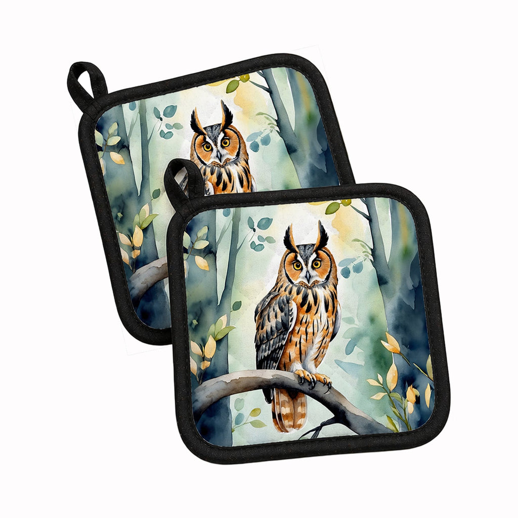 LongEared Owl Pot Holder Set of 2 Heat Resistant Quilted Hot Pads 7.5 x 7.5 Inch, Insulated Kitchen Trivets for Cooking & Baking
