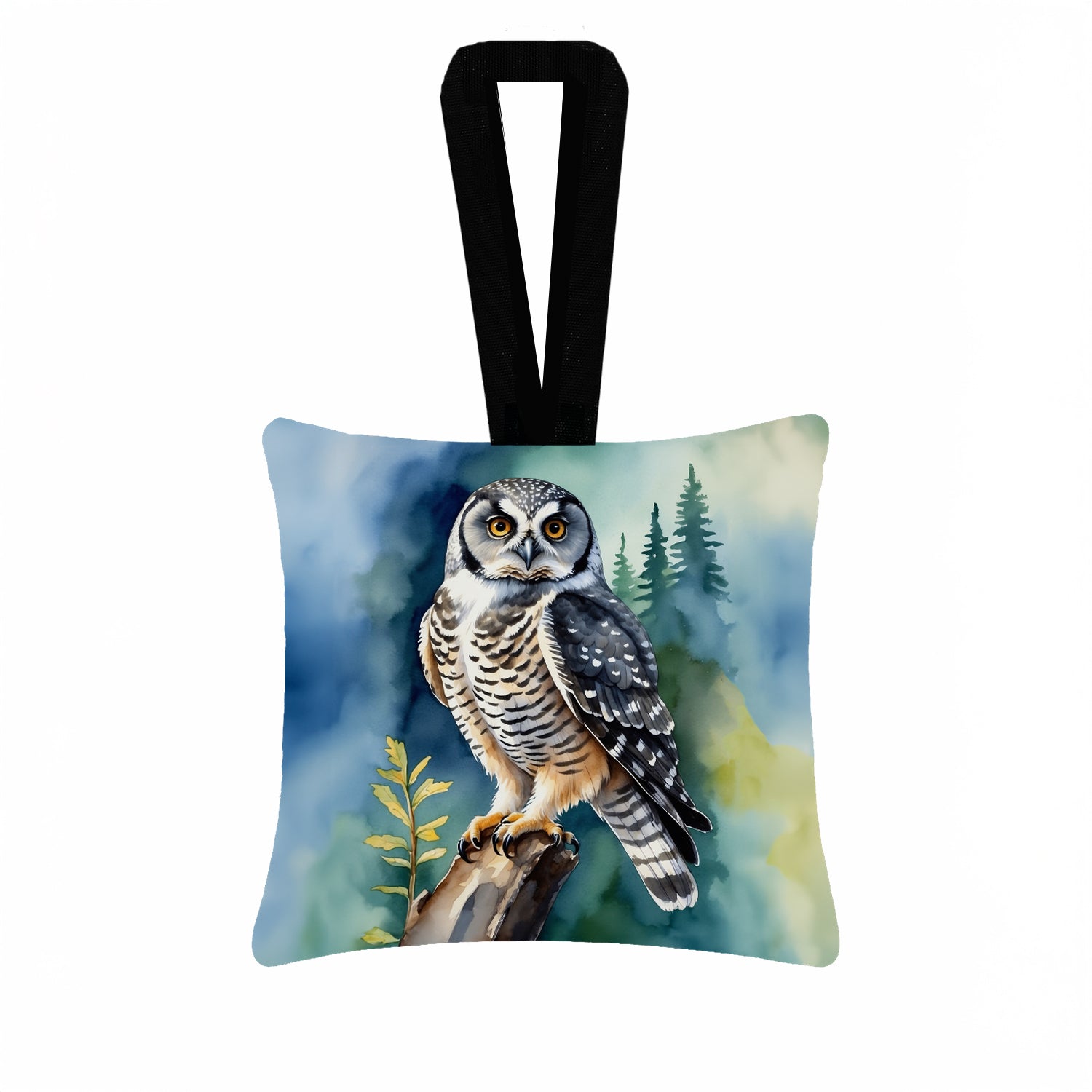 Northern Hawk Owl Hanging Square Fabric Ornament 3.5 × 3.5 Decorative Door-Knob & Tree Hanger, Soft Fabric