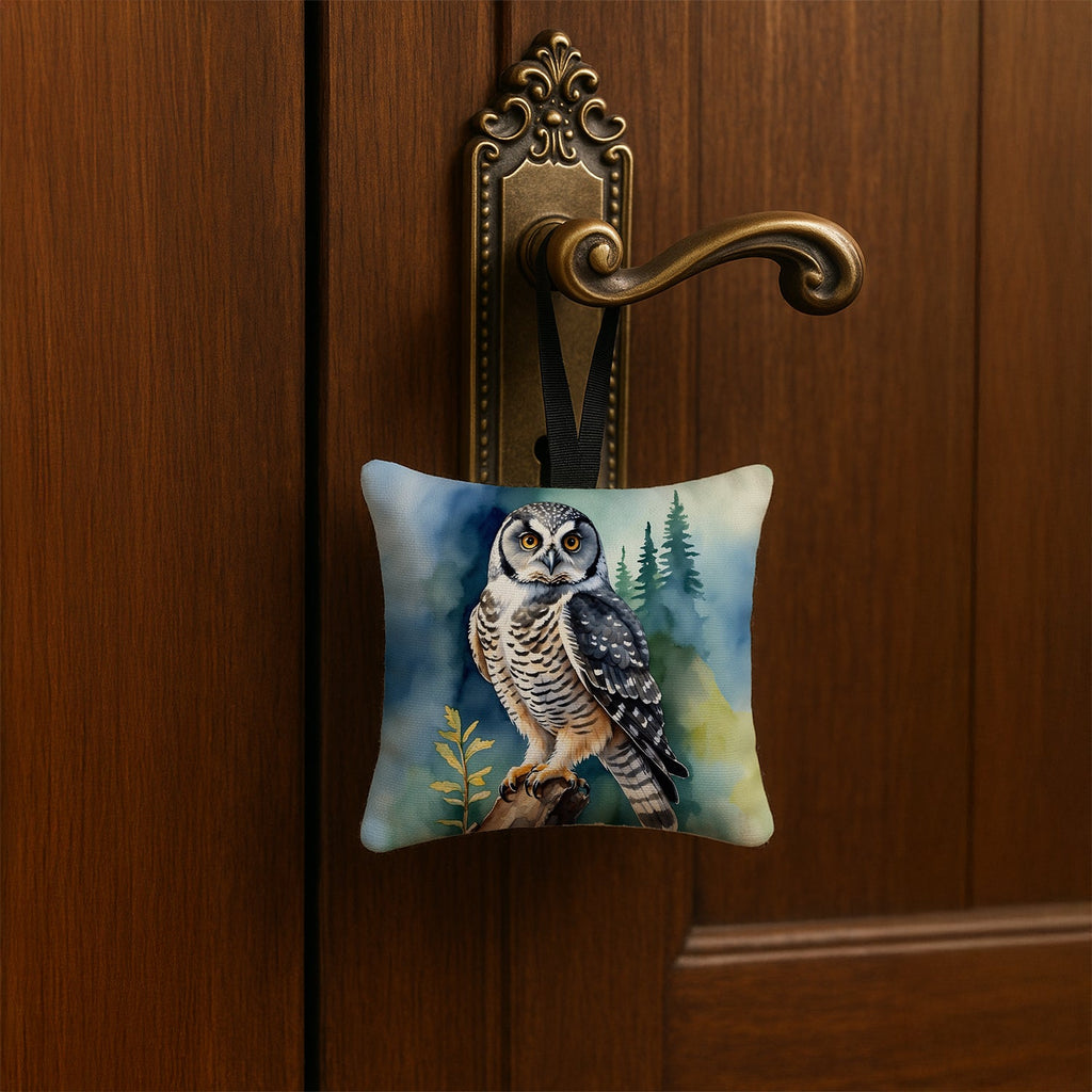 Northern Hawk Owl Hanging Square Fabric Ornament 3.5 × 3.5 Decorative Door-Knob & Tree Hanger, Soft Fabric