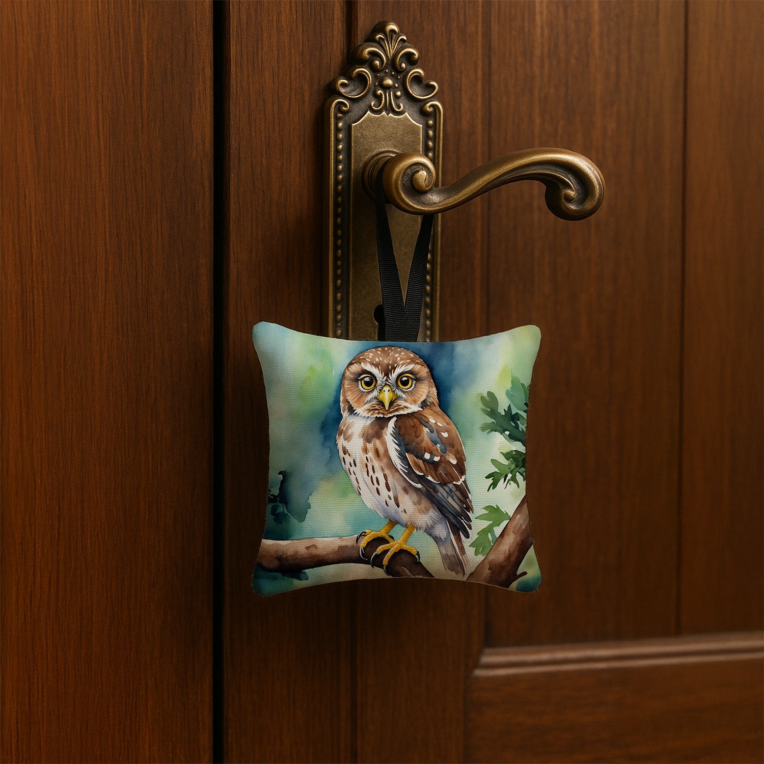 Northern Pygmy Owl Hanging Square Fabric Ornament 3.5 × 3.5 Decorative Door-Knob & Tree Hanger, Soft Fabric
