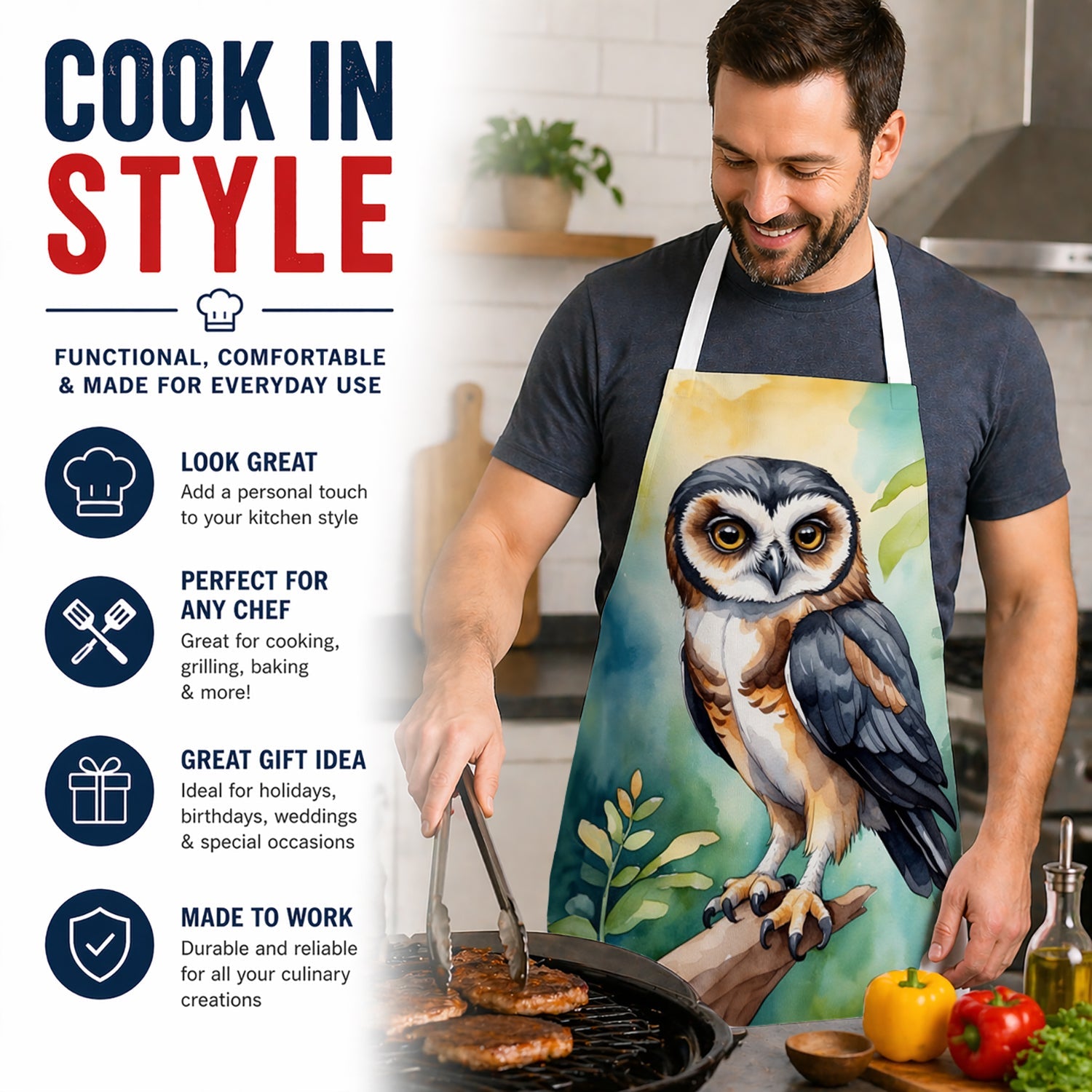 Spectacled Owl Apron Cooking Kitchen Server Baking Crafts Gardening for Adult Women Men, Unisex, Large, Multicolor