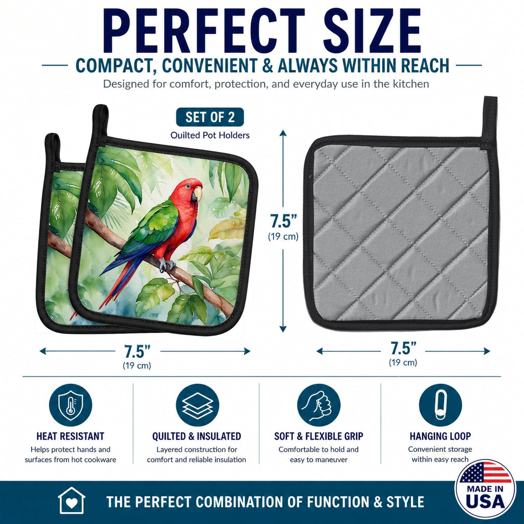 Eclectus Parrot Pot Holder Set of 2 Heat Resistant Quilted Hot Pads 7.5 x 7.5 Inch, Insulated Kitchen Trivets for Cooking & Baking
