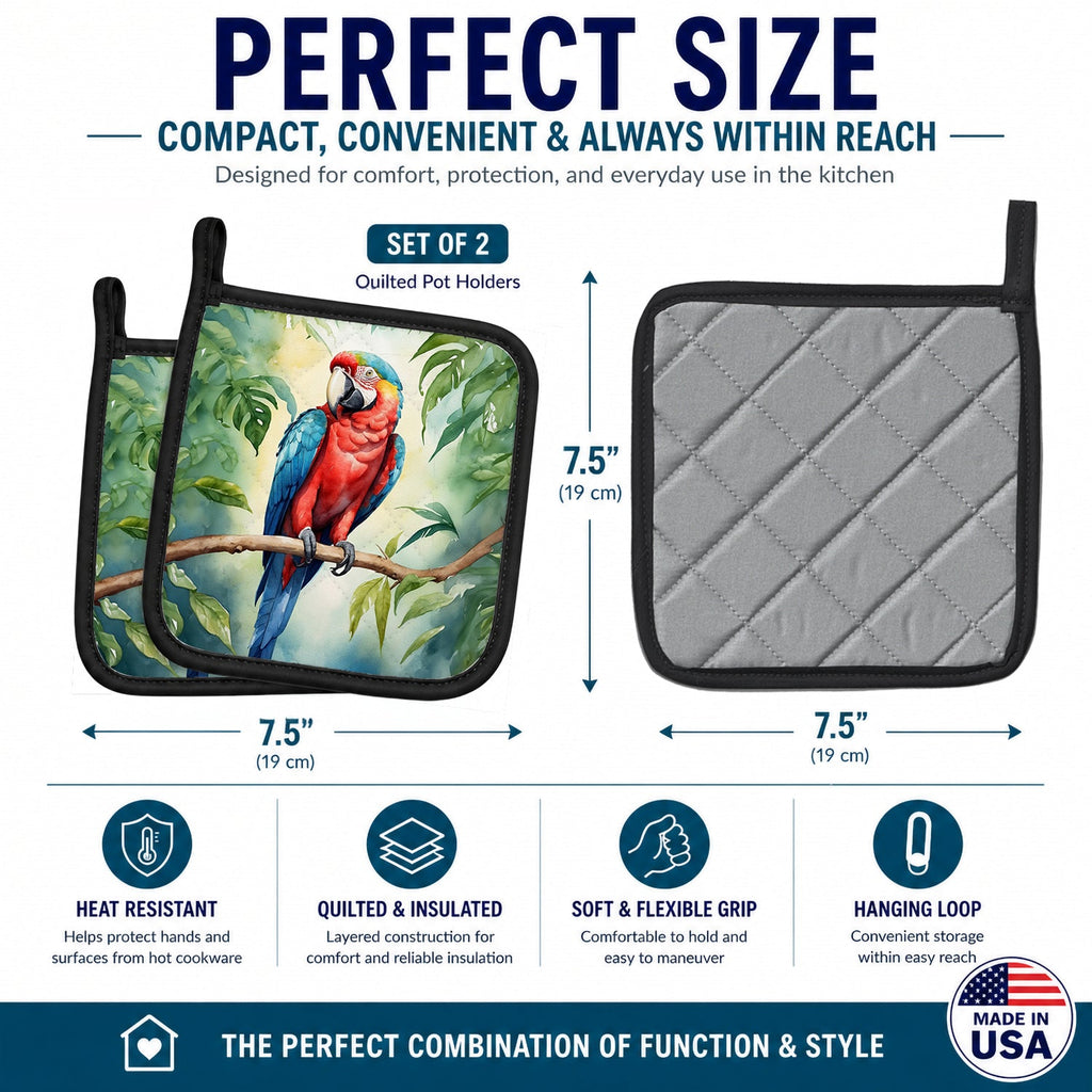 Macaw Parrot Pot Holder Set of 2 Heat Resistant Quilted Hot Pads 7.5 x 7.5 Inch, Insulated Kitchen Trivets for Cooking & Baking