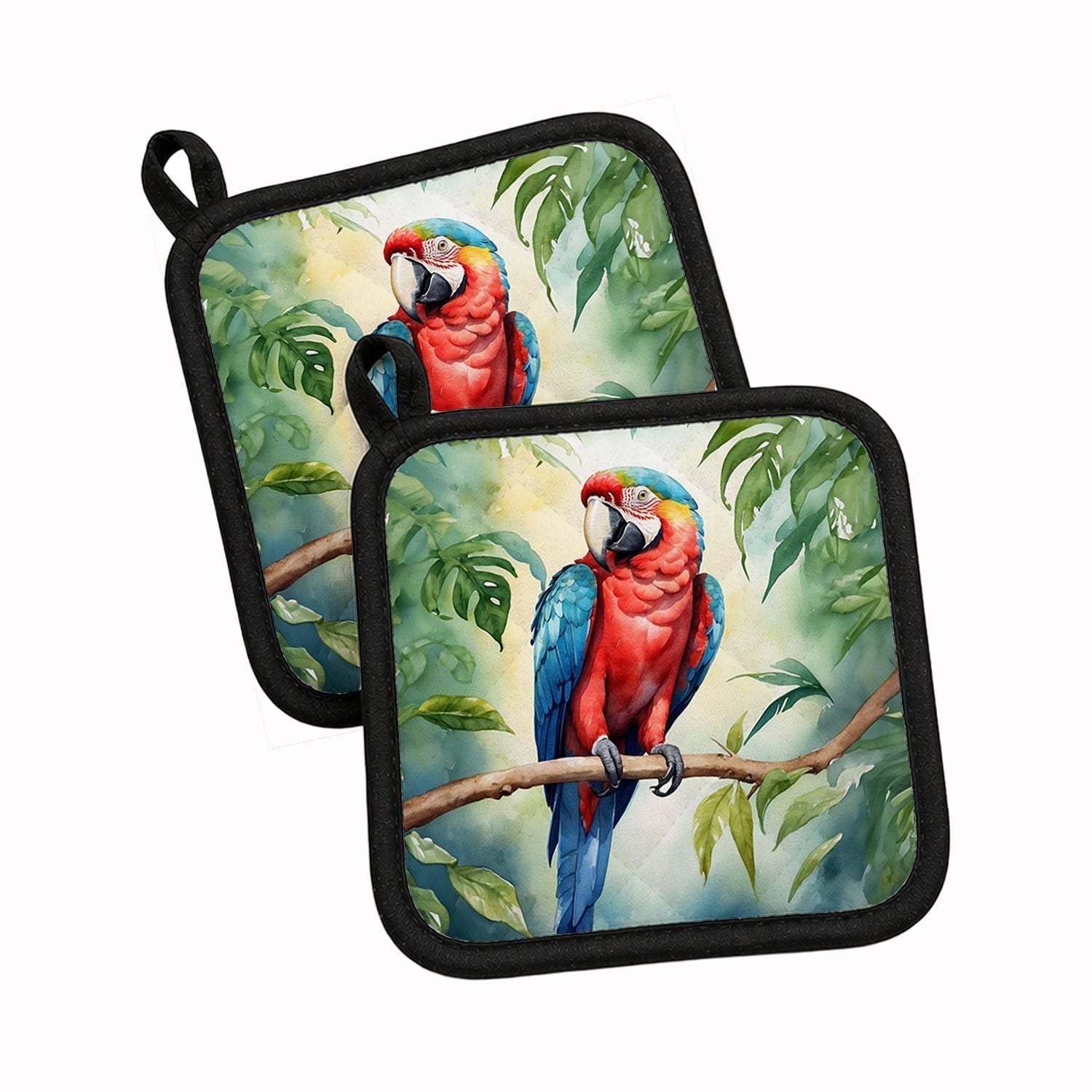 Macaw Parrot Pot Holder Set of 2 Heat Resistant Quilted Hot Pads 7.5 x 7.5 Inch, Insulated Kitchen Trivets for Cooking & Baking