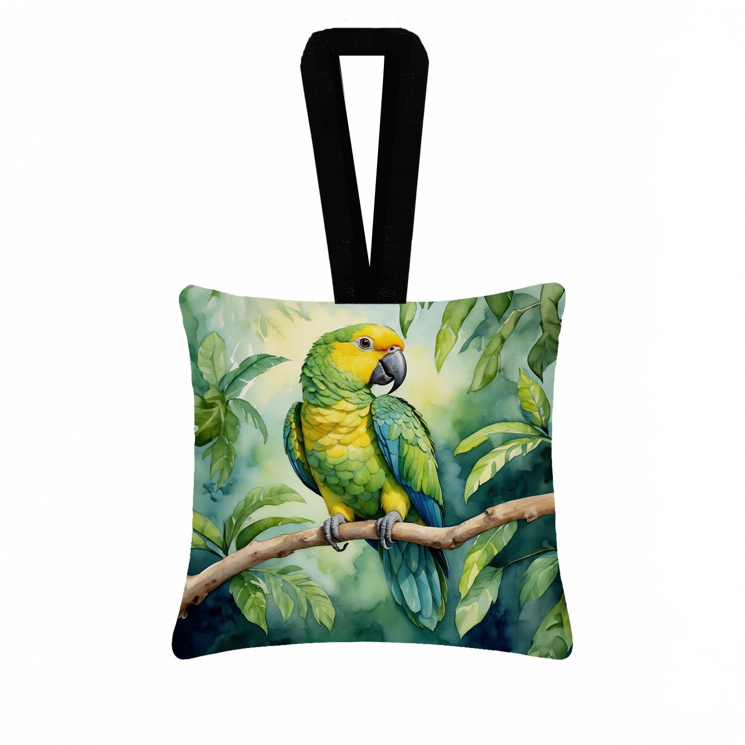 Yellownaped Amazon Parrot Hanging Square Fabric Ornament 3.5 × 3.5 Decorative Door-Knob & Tree Hanger, Soft Fabric