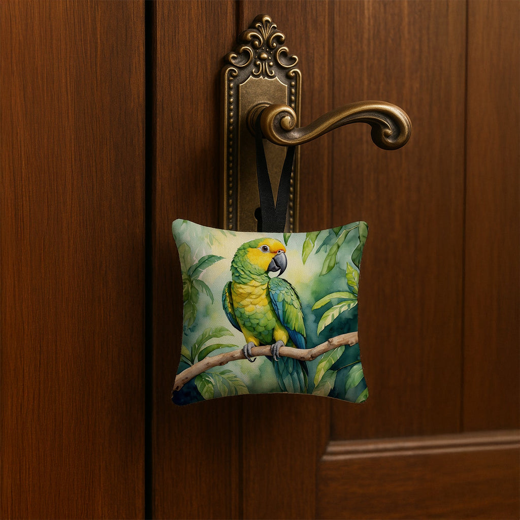 Yellownaped Amazon Parrot Hanging Square Fabric Ornament 3.5 × 3.5 Decorative Door-Knob & Tree Hanger, Soft Fabric