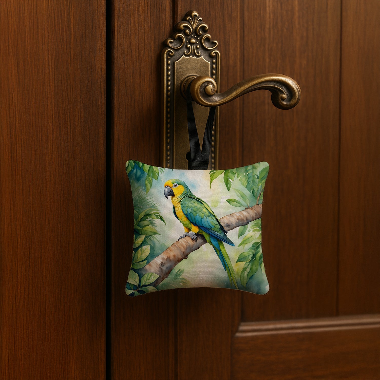 Yellownaped Amazon Parrot Hanging Square Fabric Ornament 3.5 × 3.5 Decorative Door-Knob & Tree Hanger, Soft Fabric