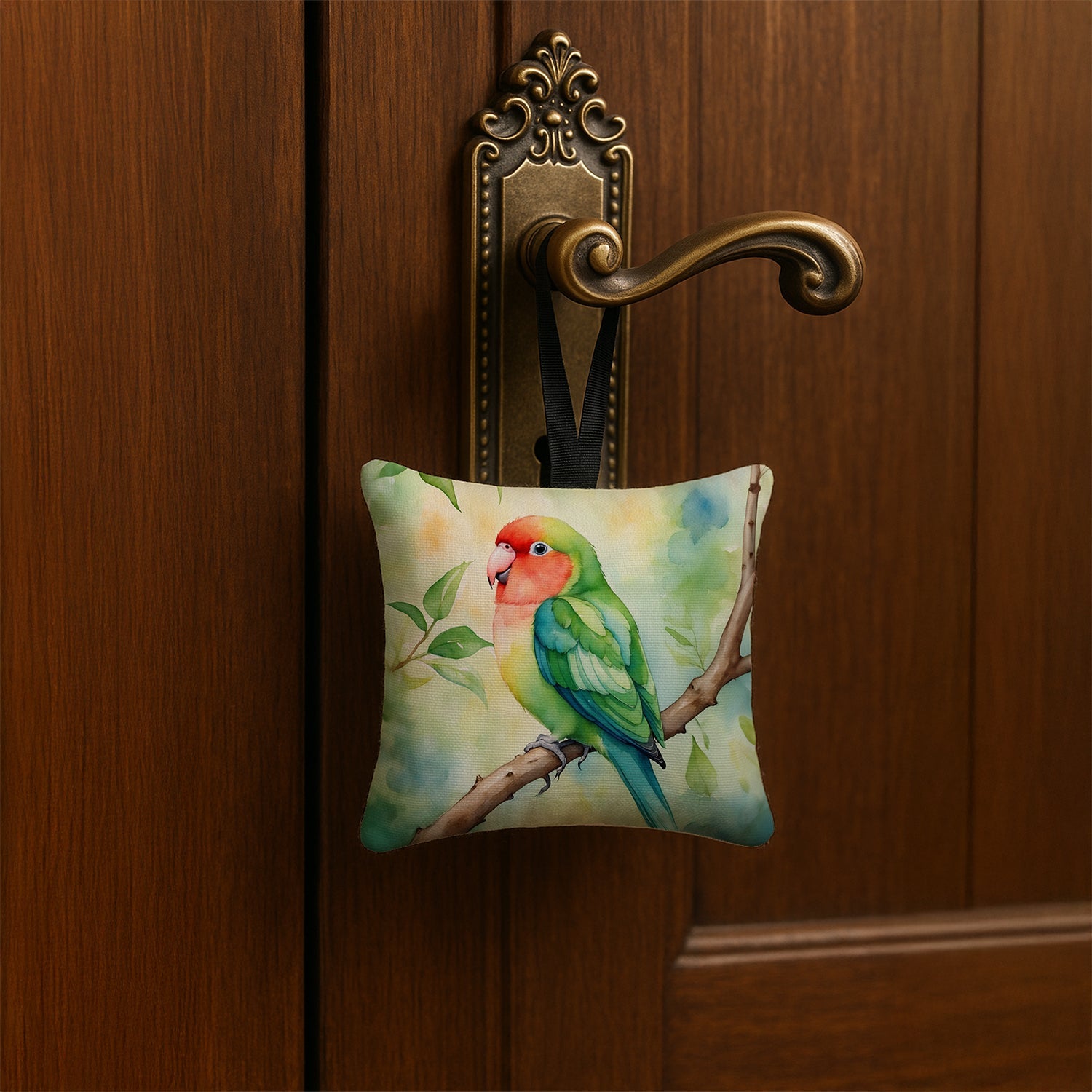 Peachfaced Lovebird Hanging Square Fabric Ornament 3.5 × 3.5 Decorative Door-Knob & Tree Hanger, Soft Fabric