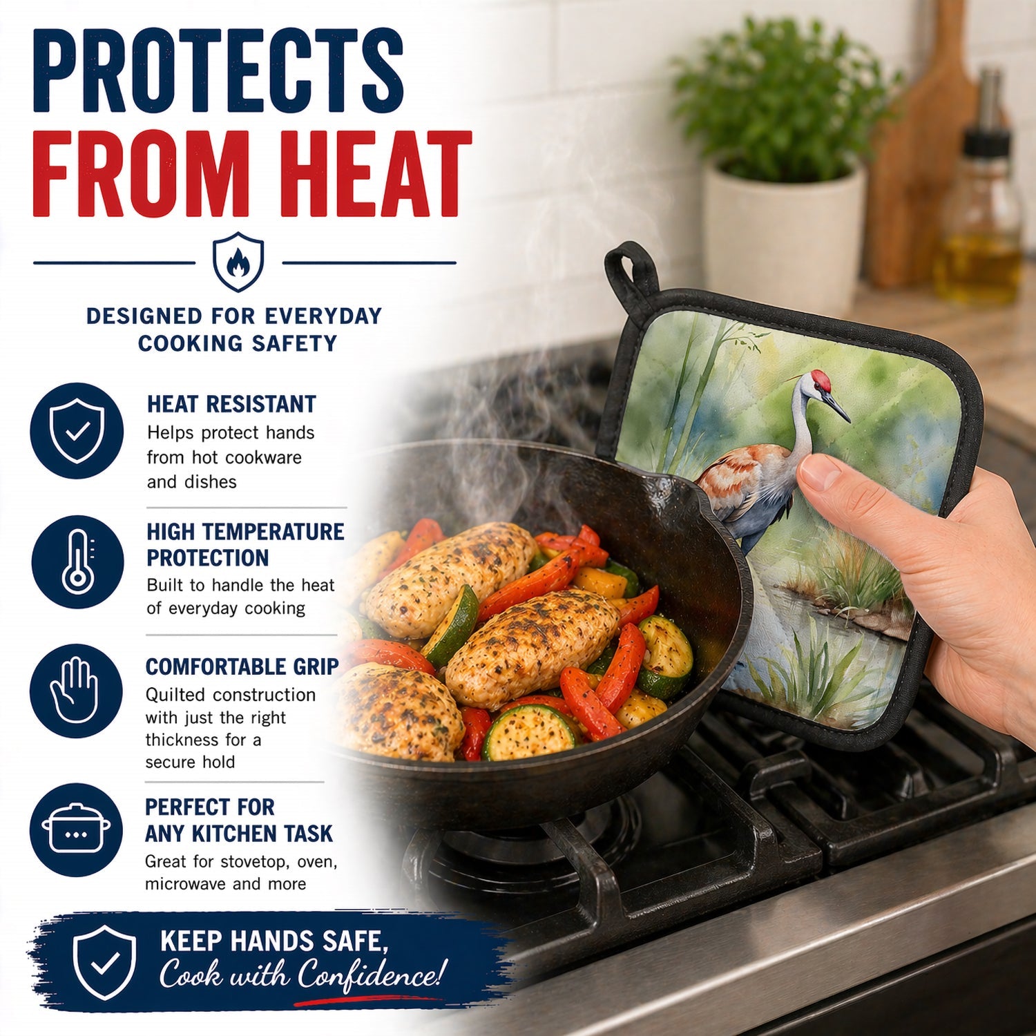 Sandhill Crane Pot Holder Set of 2 Heat Resistant Quilted Hot Pads 7.5 x 7.5 Inch, Insulated Kitchen Trivets for Cooking & Baking