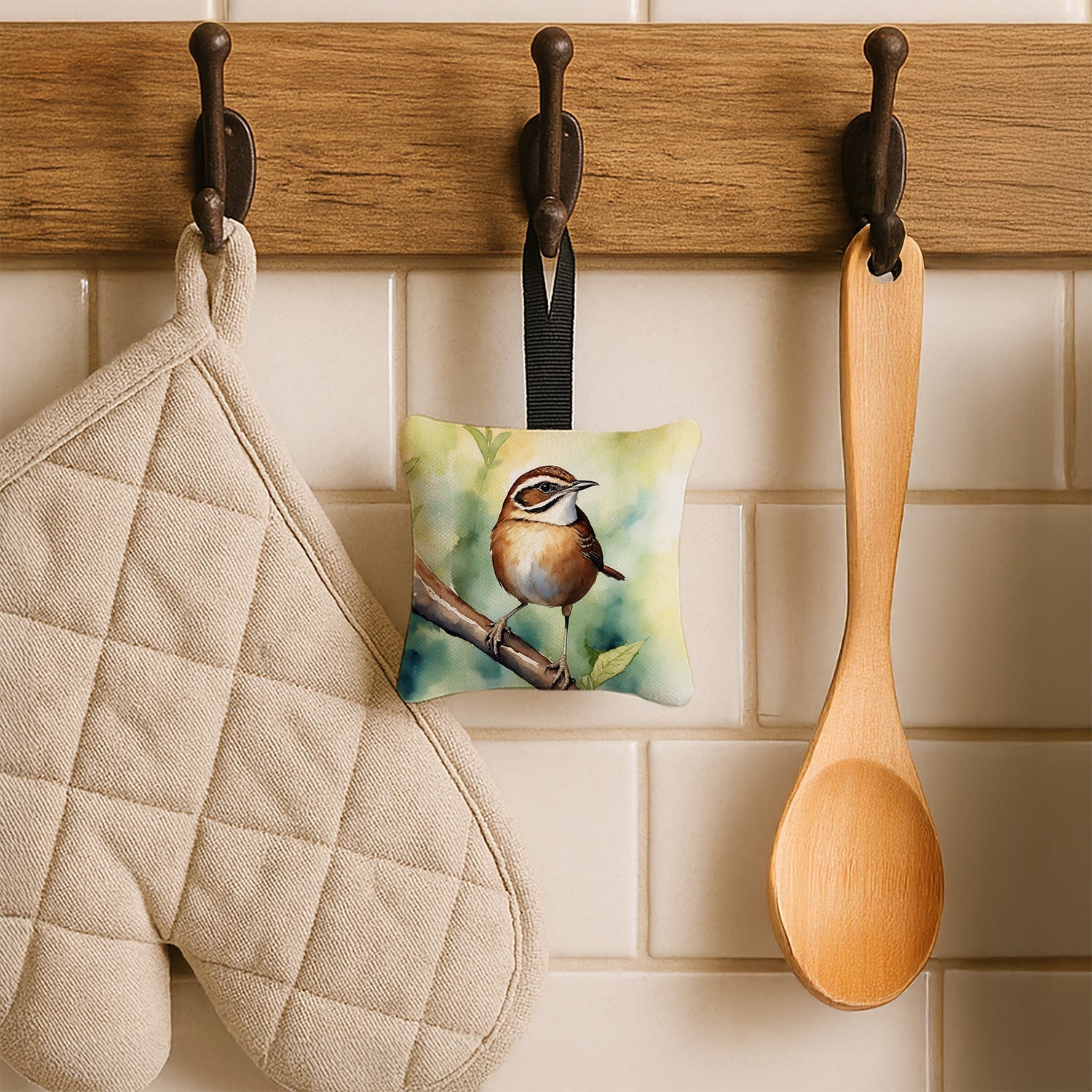 South Carolina Wren Hanging Square Fabric Ornament 3.5 × 3.5 Decorative Door-Knob & Tree Hanger, Soft Fabric