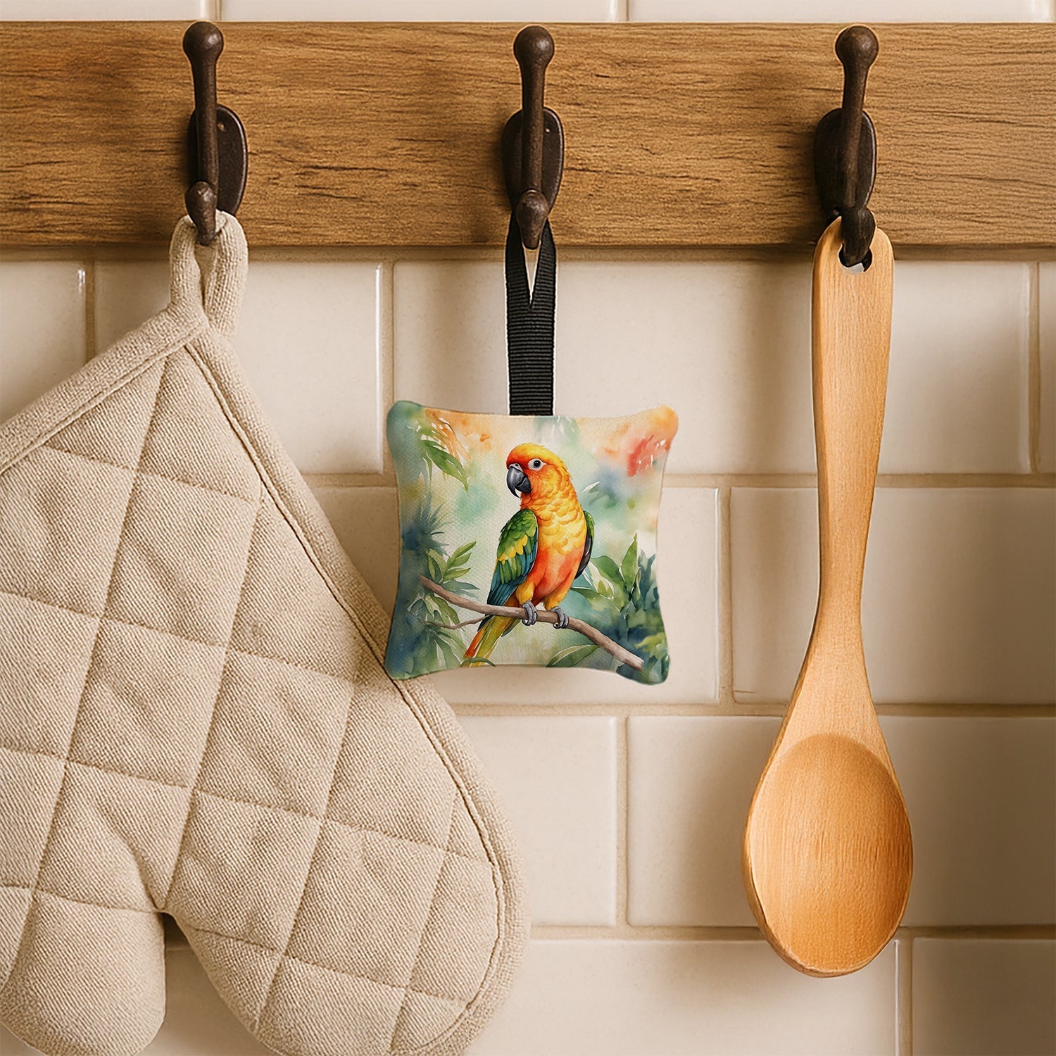 Sun Conure Hanging Square Fabric Ornament 3.5 × 3.5 Decorative Door-Knob & Tree Hanger, Soft Fabric