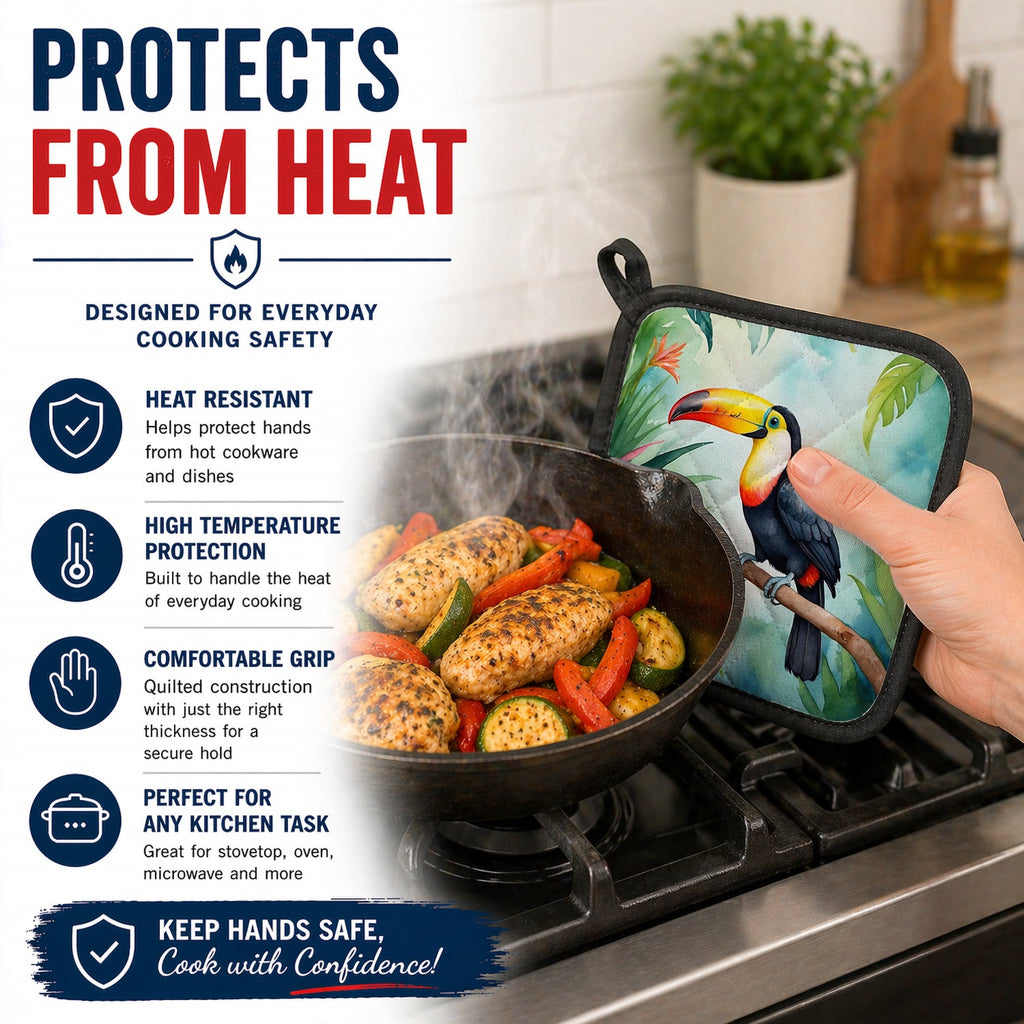 Toucan Pot Holder Set of 2 Heat Resistant Quilted Hot Pads 7.5 x 7.5 Inch, Insulated Kitchen Trivets for Cooking & Baking